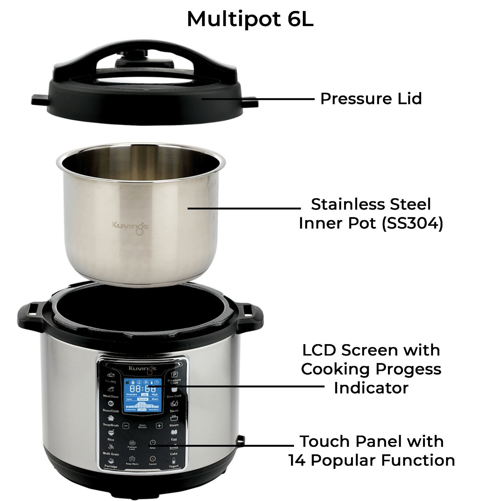 Kuvings 6 Litre Electric Multi Pot Cooker with Touch Panel with LCD Screen (Silver)_14