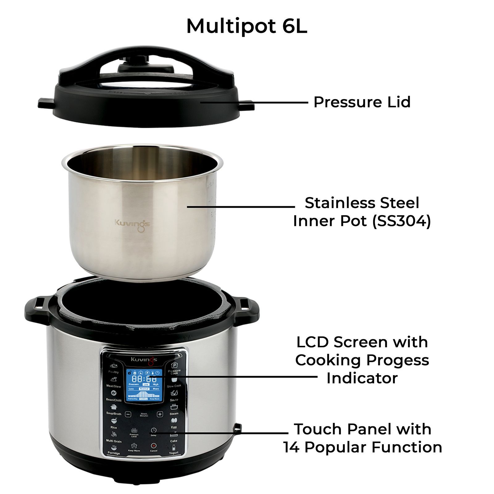 Kuvings Multipot 6 Litre Electric Pressure Cooker with 14 Easy Touch Cooking Program (Silver)_3
