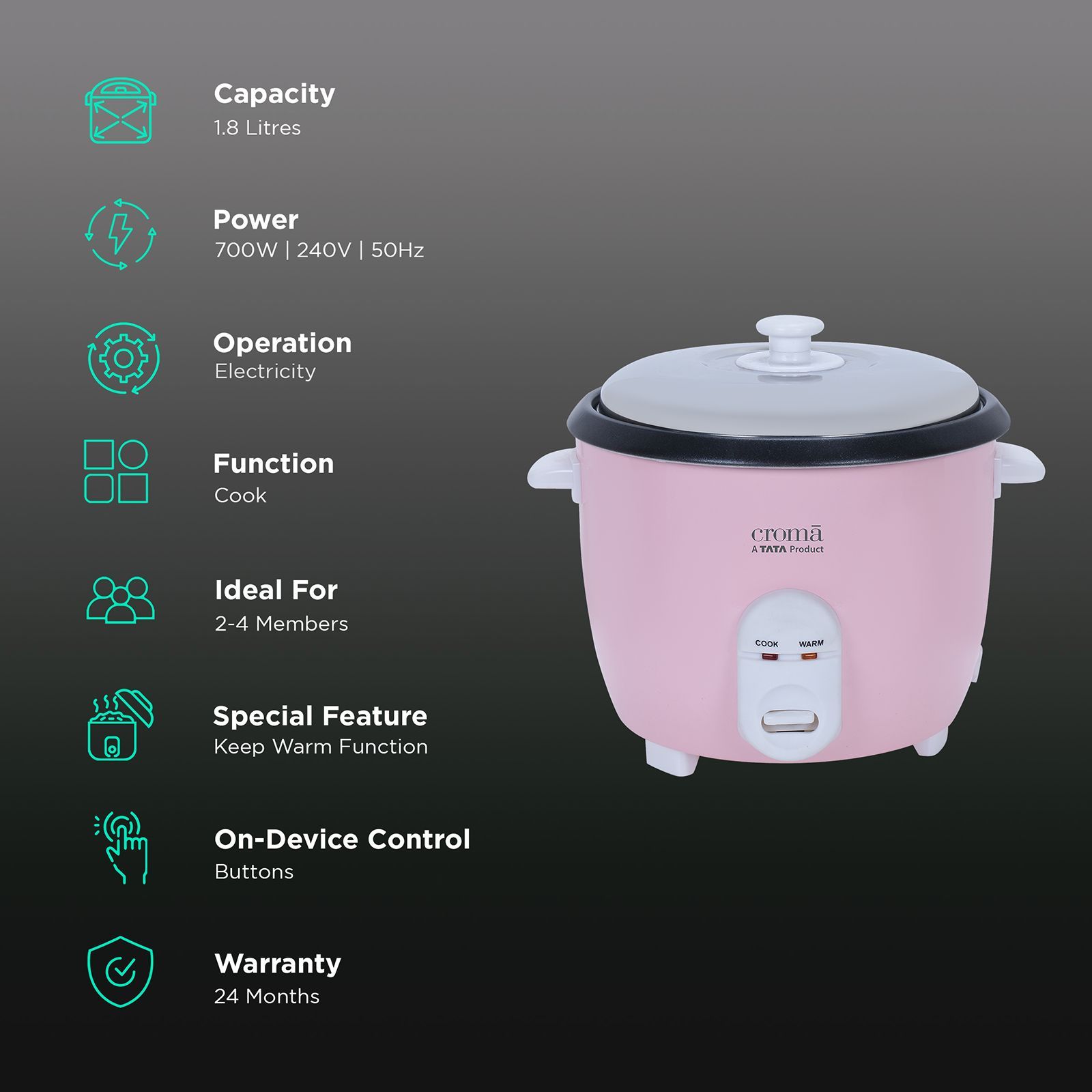 Croma 1.8 Litre Electric Rice Cooker with Keep Warm Function (Pink) Croma 1.8 Litre Electric Rice Cooker with Keep Warm Function (Pink)_3