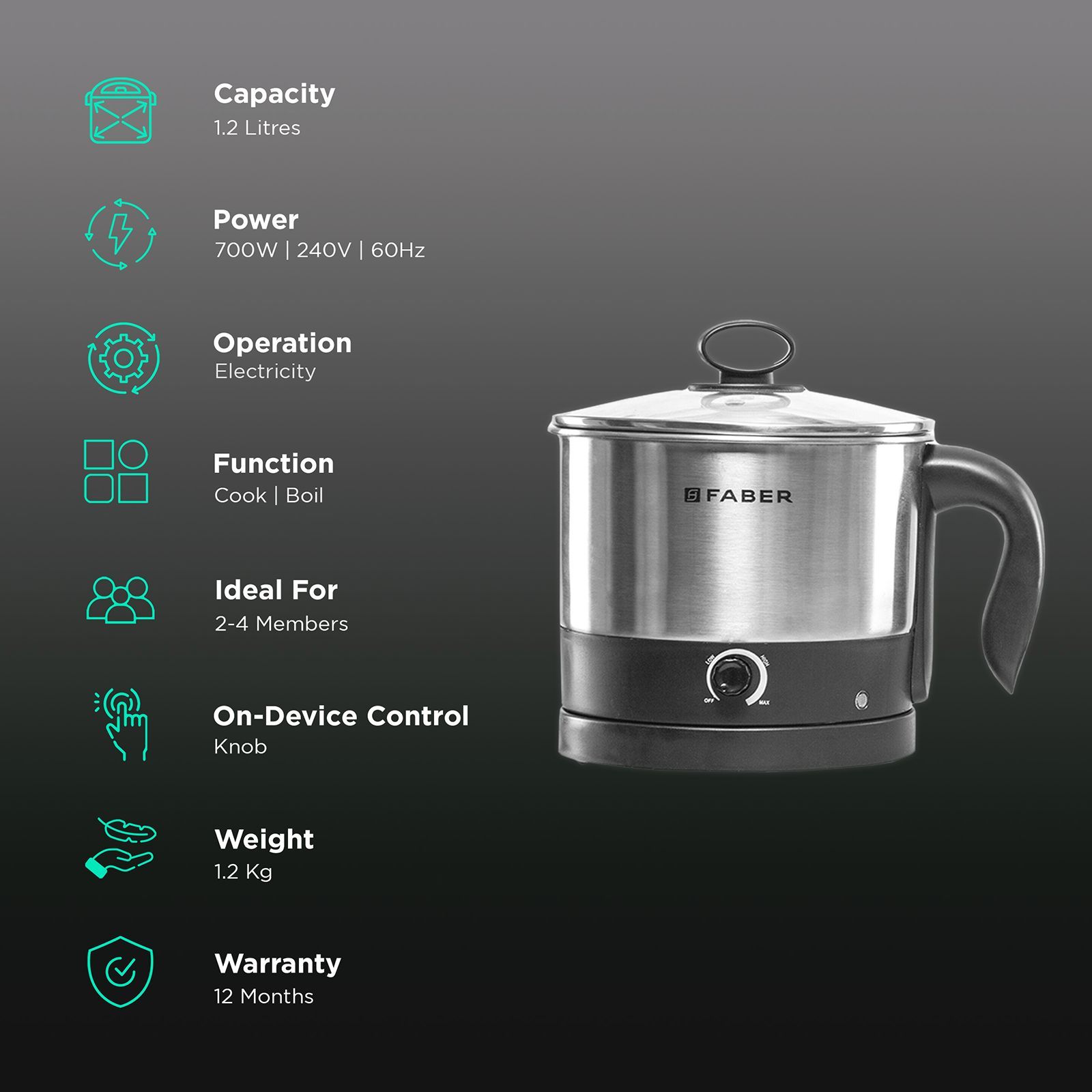FABER FWK 1.2 Litre Electric Multi Cooker with Cool Touch Handle (Silver)_3