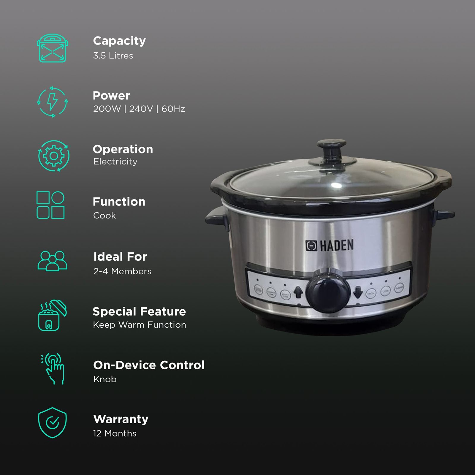 HADEN 3.5 Litre Electric Slow Cooker with Power Light Indicator (Silver) HADEN 3.5 Litre Electric Slow Cooker with Power Light Indicator (Silver)_3