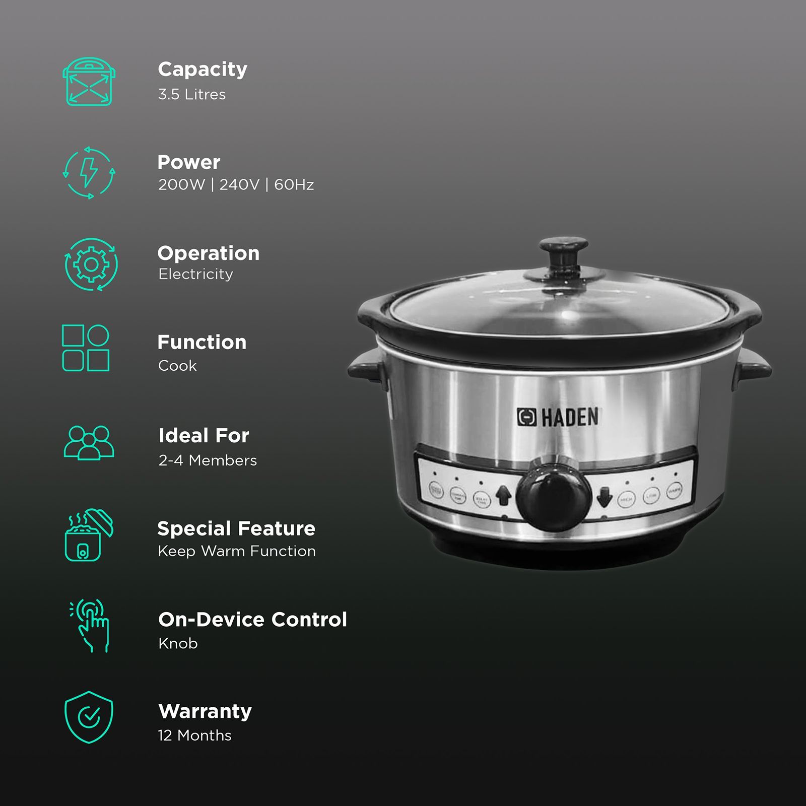 HADEN 3.5 Litre Electric Slow Cooker with Power Light Indicator (Silver) HADEN 3.5 Litre Electric Slow Cooker with Power Light Indicator (Silver)_3