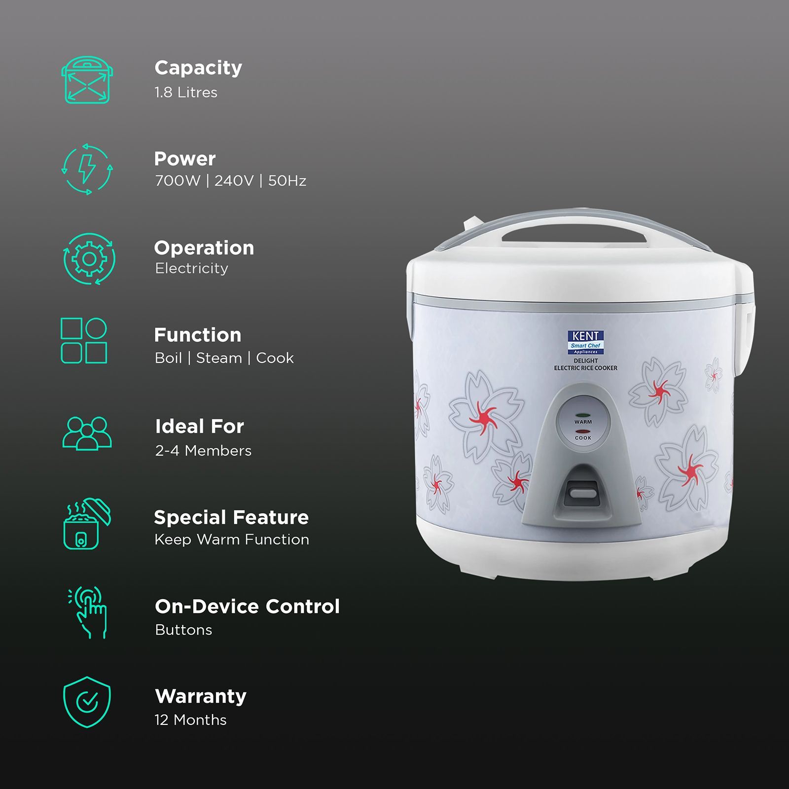 KENT Delight 1.8 Litre Electric Rice Cooker with Keep Warm Function (White) KENT Delight 1.8 Litre Electric Rice Cooker with Keep Warm Function (White)_3