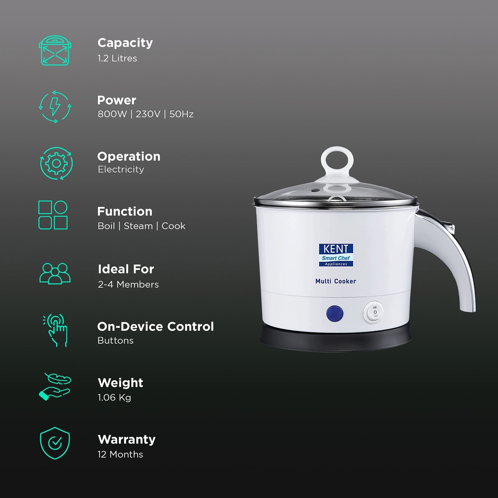 KENT 1.2 Litre Electric Multi Cooker with Auto Shut Off (White) KENT 1.2 Litre Electric Multi Cooker with Auto Shut Off (White)_3