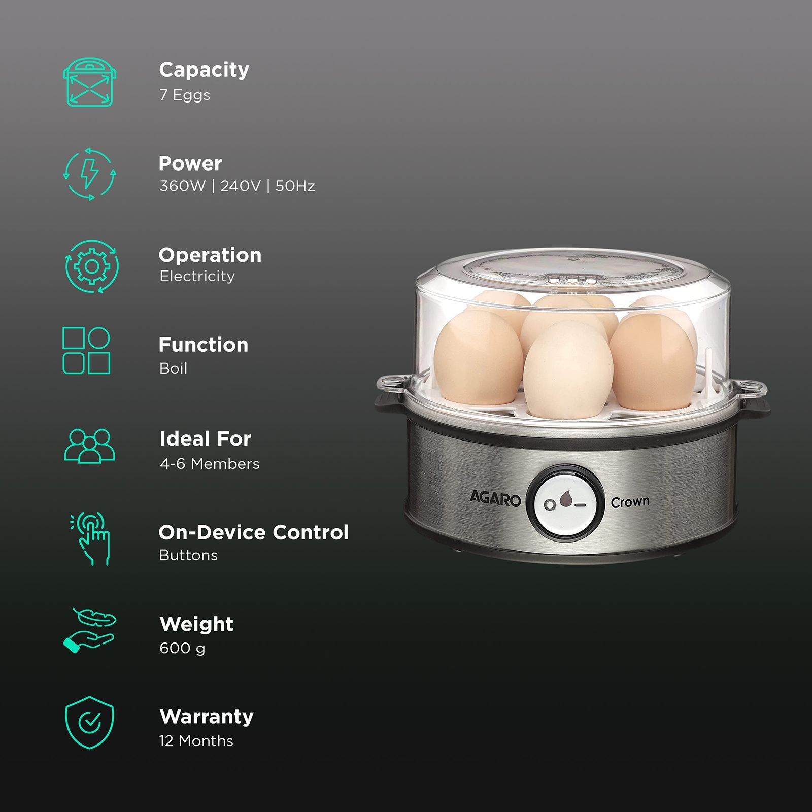 AGARO Crown 7 Egg Electric Egg Boiler with One Touch Operation (Silver)_3