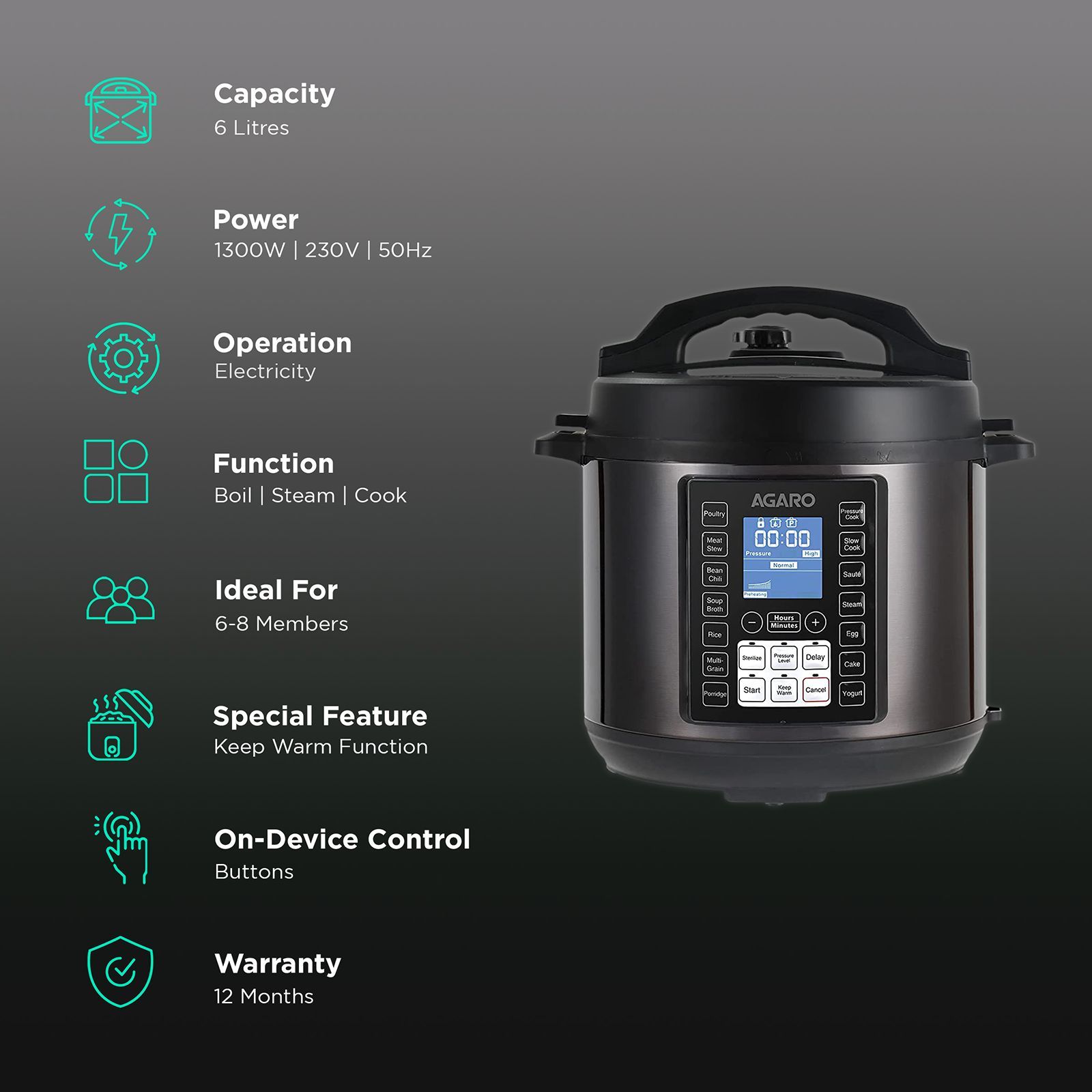 AGARO Imperial 6 Litre Electric Pressure Cooker with Keep Warm Function (Black)_3