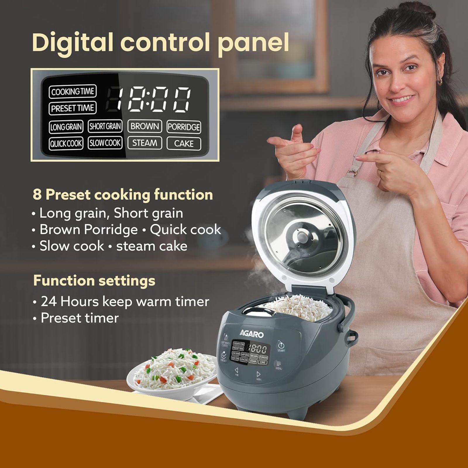 AGARO Imperial 2 Litre Electric Rice Cooker with Keep Warm Function (Grey)_5