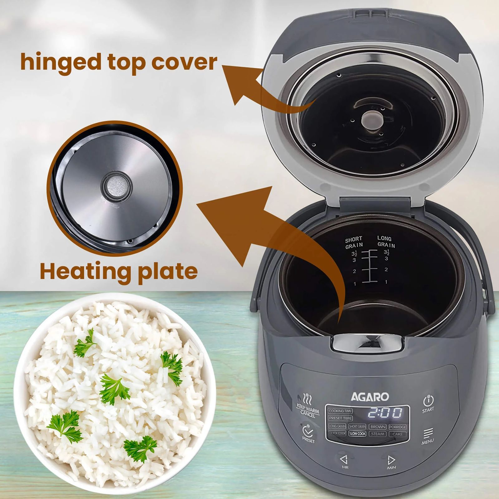 AGARO Imperial 2 Litre Electric Rice Cooker with Keep Warm Function (Grey)_10