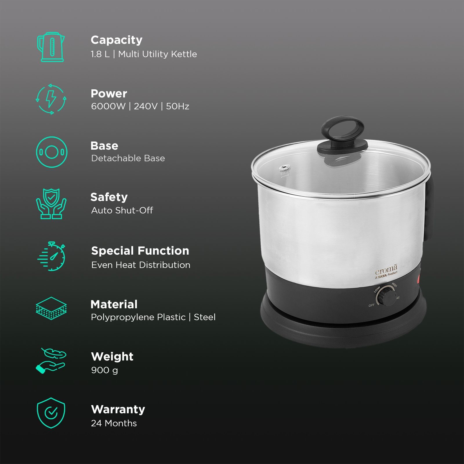 Croma 600 Watt 1.3 Litre Multi Cook Kettle with Auto Shut-off (Black and Silver)_2