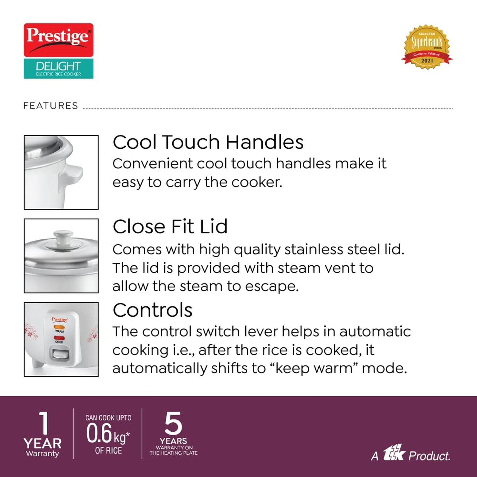 Prestige Delight PRWO 1.5 Litre Electric Rice Cooker with Auto Keep Warm Function (White) Prestige Delight PRWO 1.5 Litre Electric Rice Cooker with Auto Keep Warm Function (White)_6