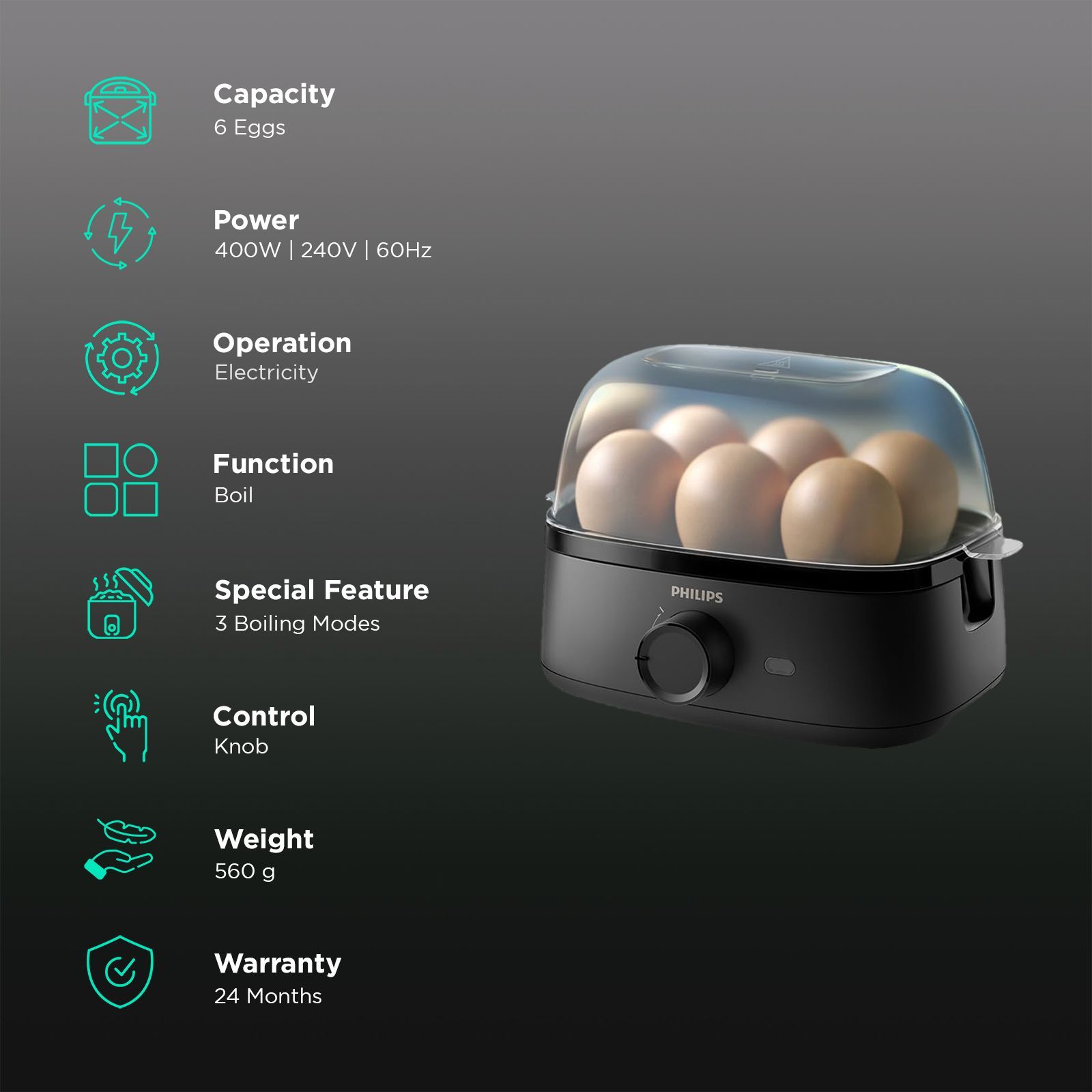 PHILIPS 3000 Series 6 Egg Electric Egg Boiler with Three Cooking Levels (Deep Black)_3