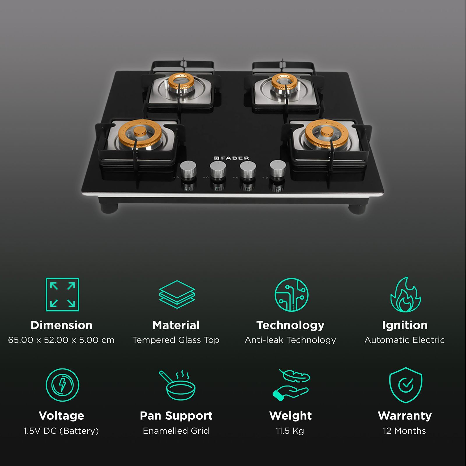 Faber HTG 753 CRS BR CI Tempered Glass Top 4 Burner Automatic Electric Hob (High Quality Knob, Black)_3