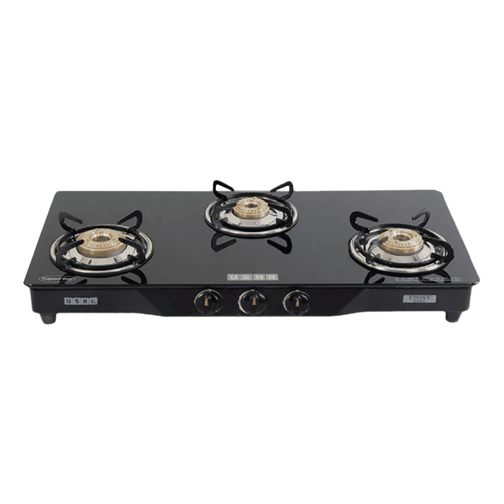 USHA Ebony GS3001 Toughened Glass Top 3 Burner Manual Gas Stove (Powder Coated Frame, Black)_1