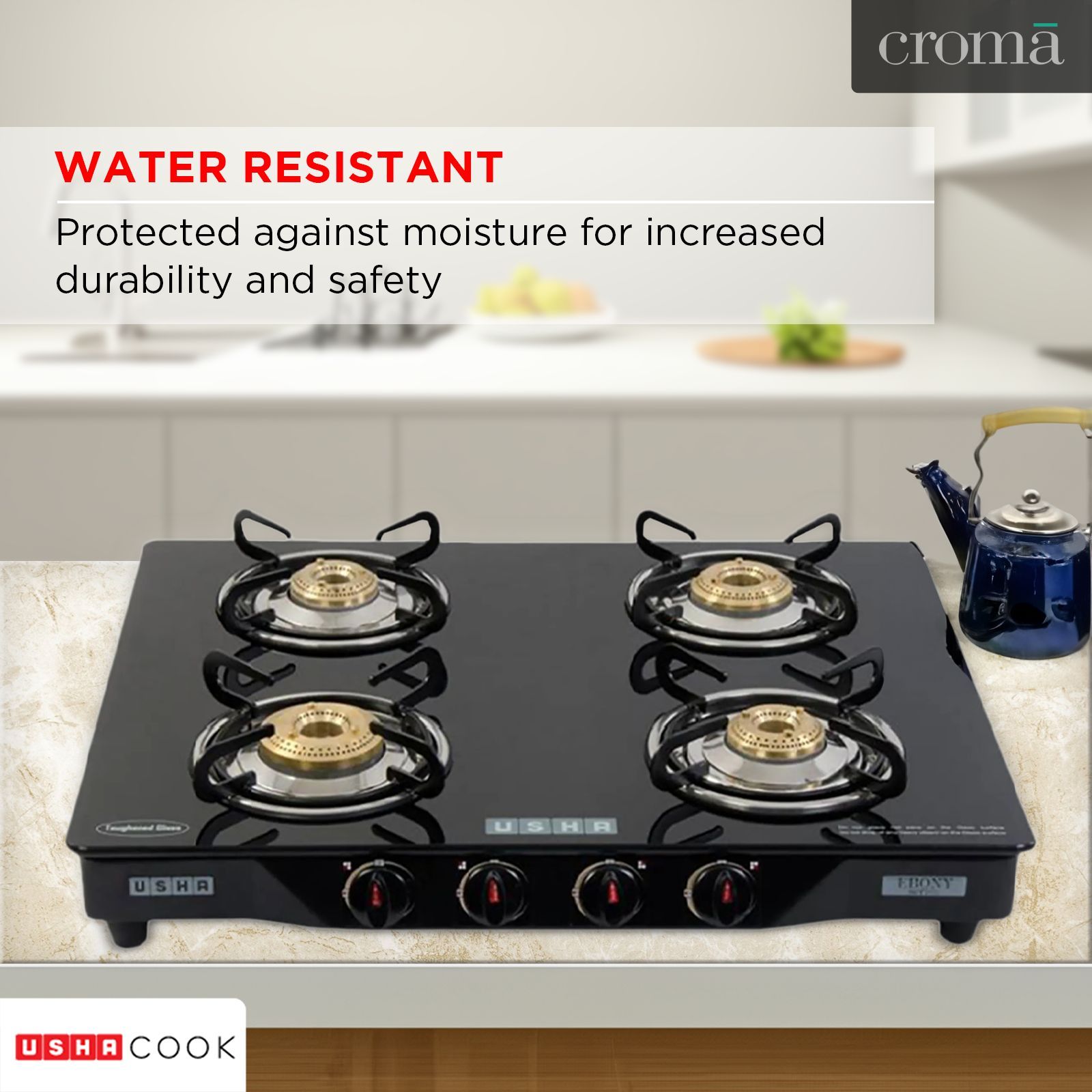 USHA Ebony GS4001 Toughened Glass Top 4 Burner Automatic Gas Stove (Slim Line Design, Black)_14