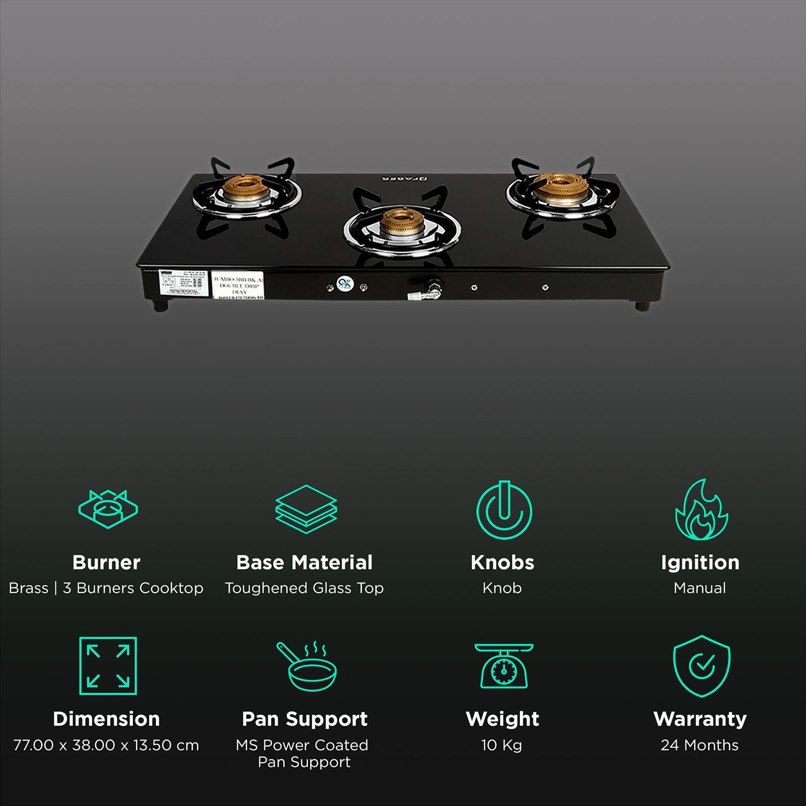Faber Jumbo 3BB BK Toughened Glass Top 3 Burner Manual Gas Stove (Corrosion Resistance, Black)_3