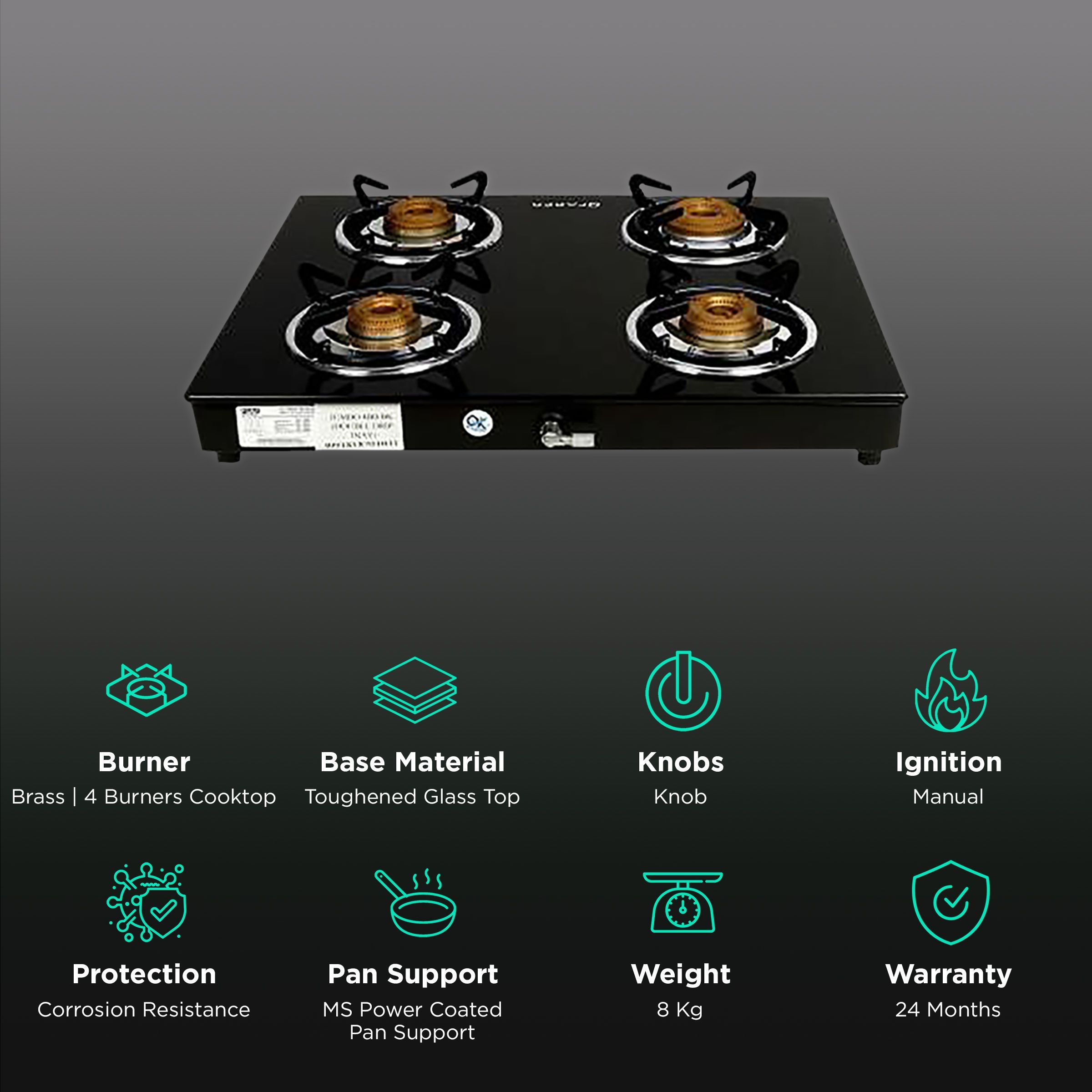 Faber Jumbo 4BB BK Toughened Glass Top 4 Burner Manual Gas Stove (Corrosion Resistance, Black)_3