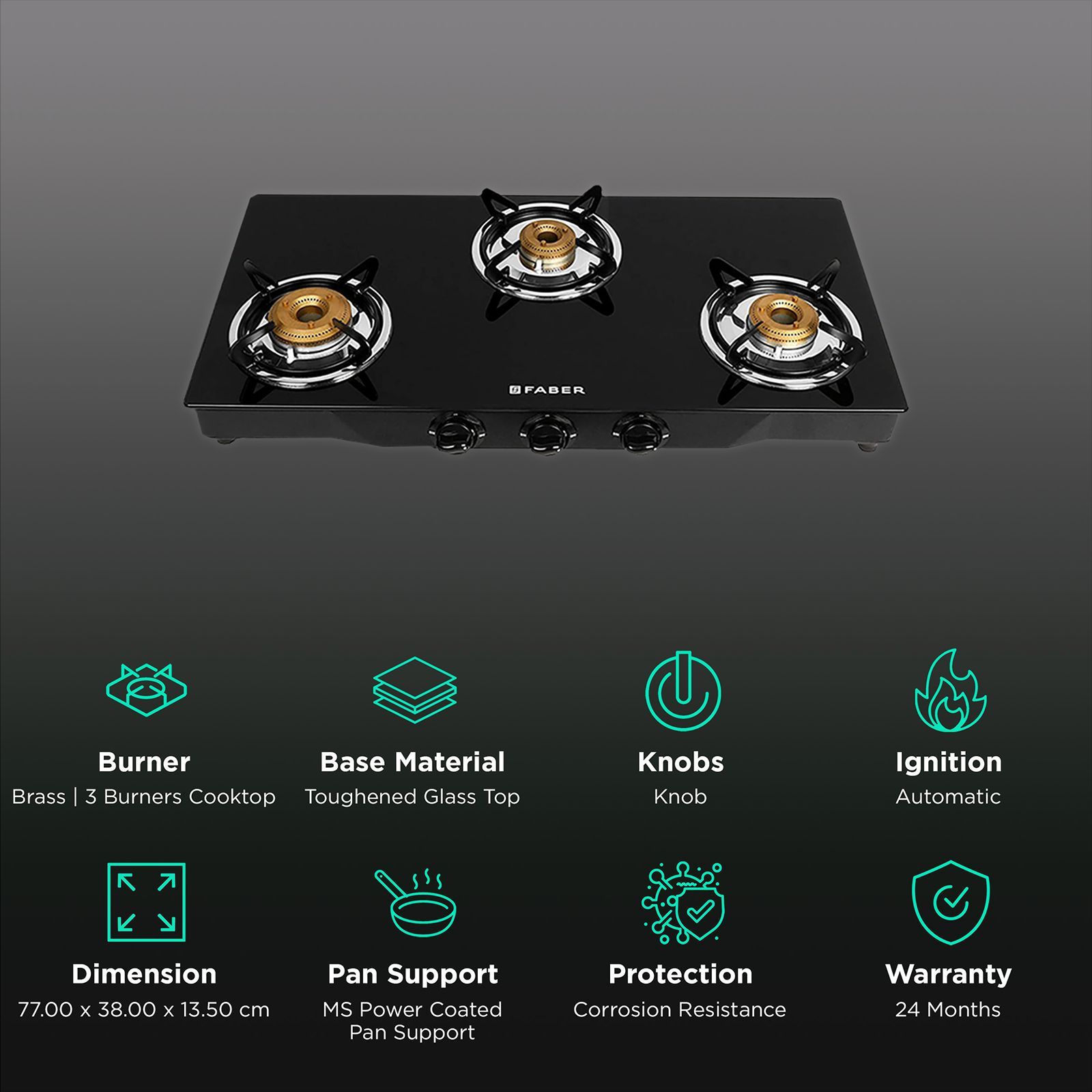 Faber JUMBO 3BB BK AI Toughened Glass Top 3 Burner Automatic Gas Stove (Corrosion Resistance, Black)_3