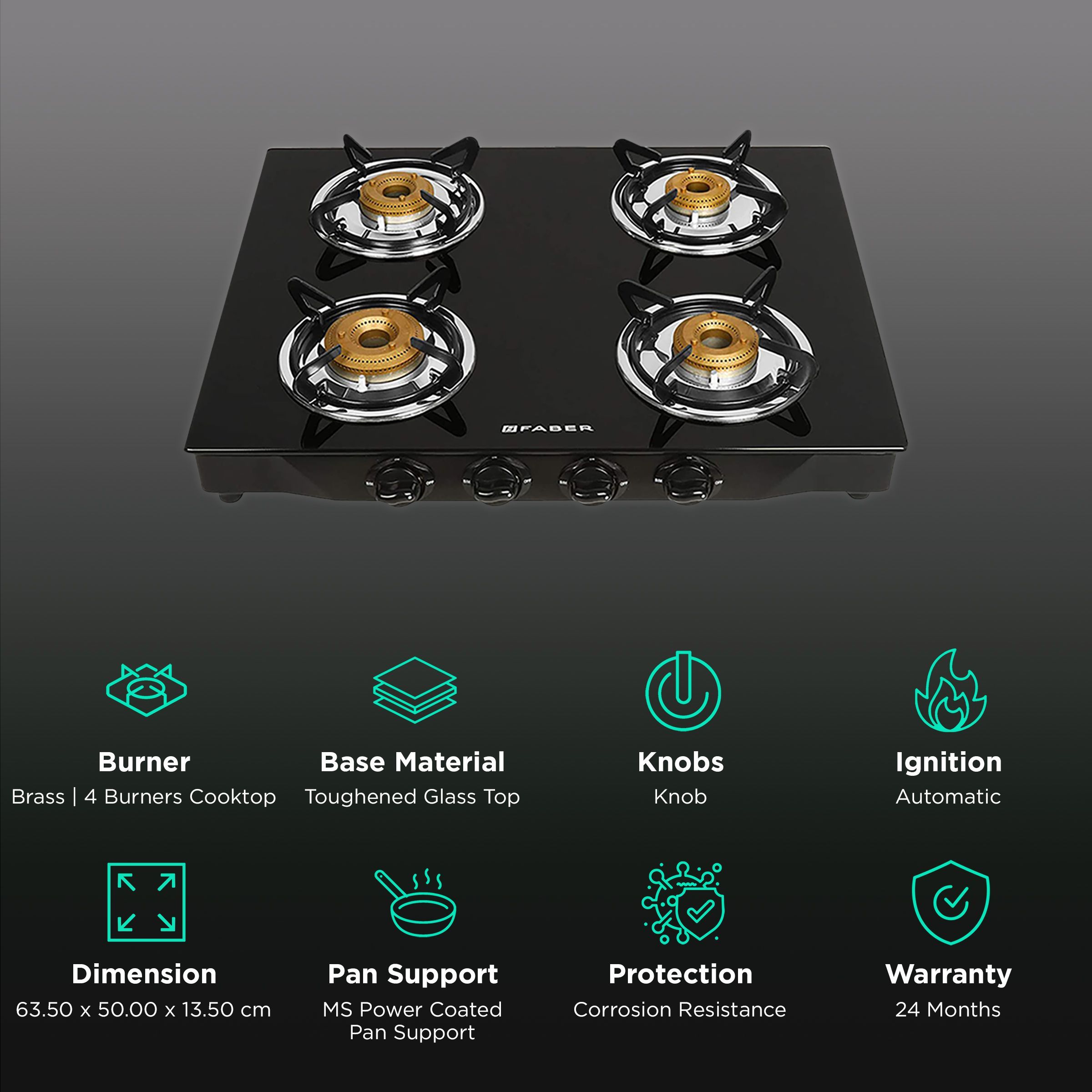 Faber Jumbo 4BB BK AI Toughened Glass Top 4 Burner Automatic Gas Stove (Corrosion Resistance, Black)_3