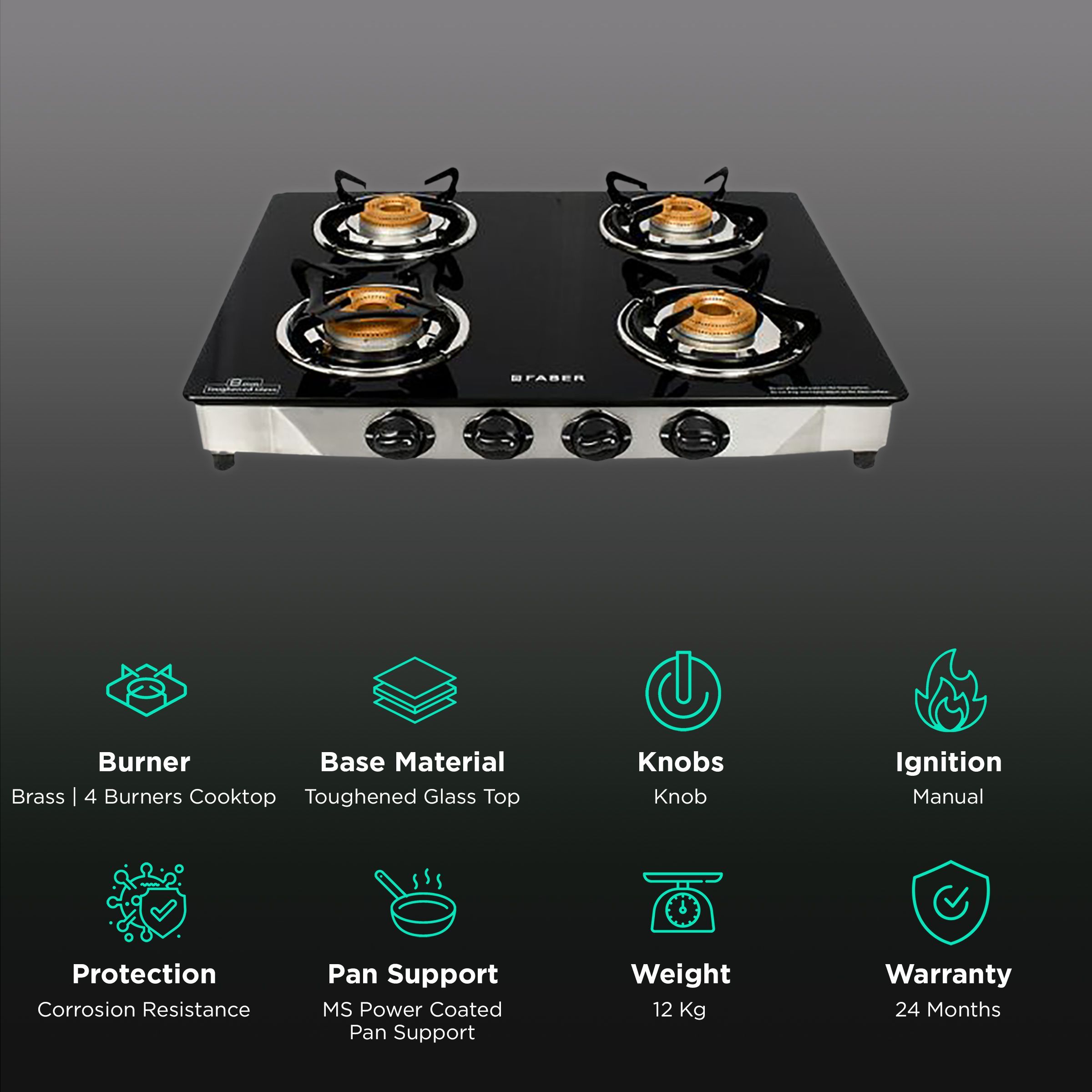 Faber Jumbo 4BB SS Toughened Glass Top 4 Burner Manual Gas Stove (Corrosion Resistance, Black)_3