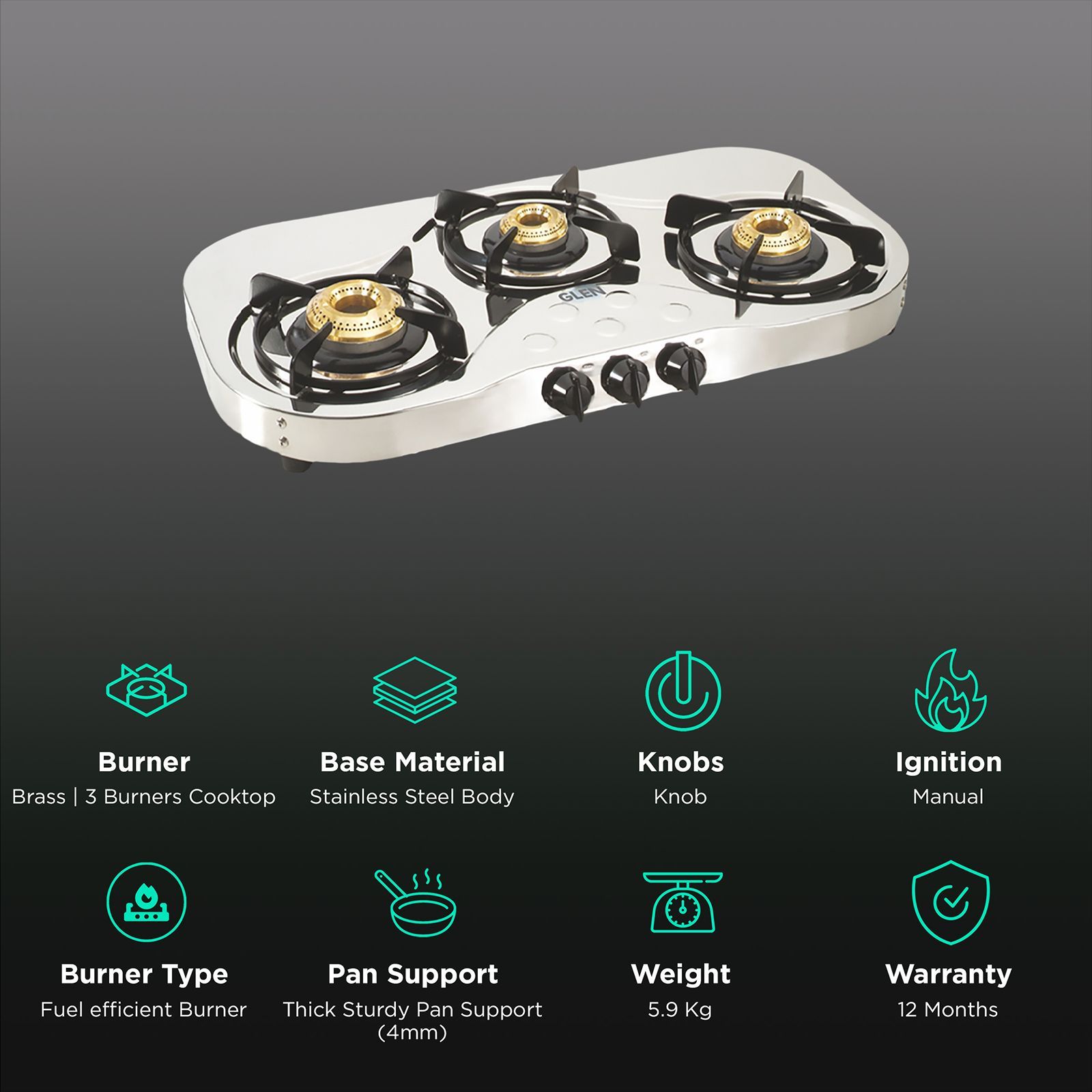 Glen 1035 SS HF BB 3 Burner Manual Gas Stove (360 Degree Revolving Nozzle, Silver)_3
