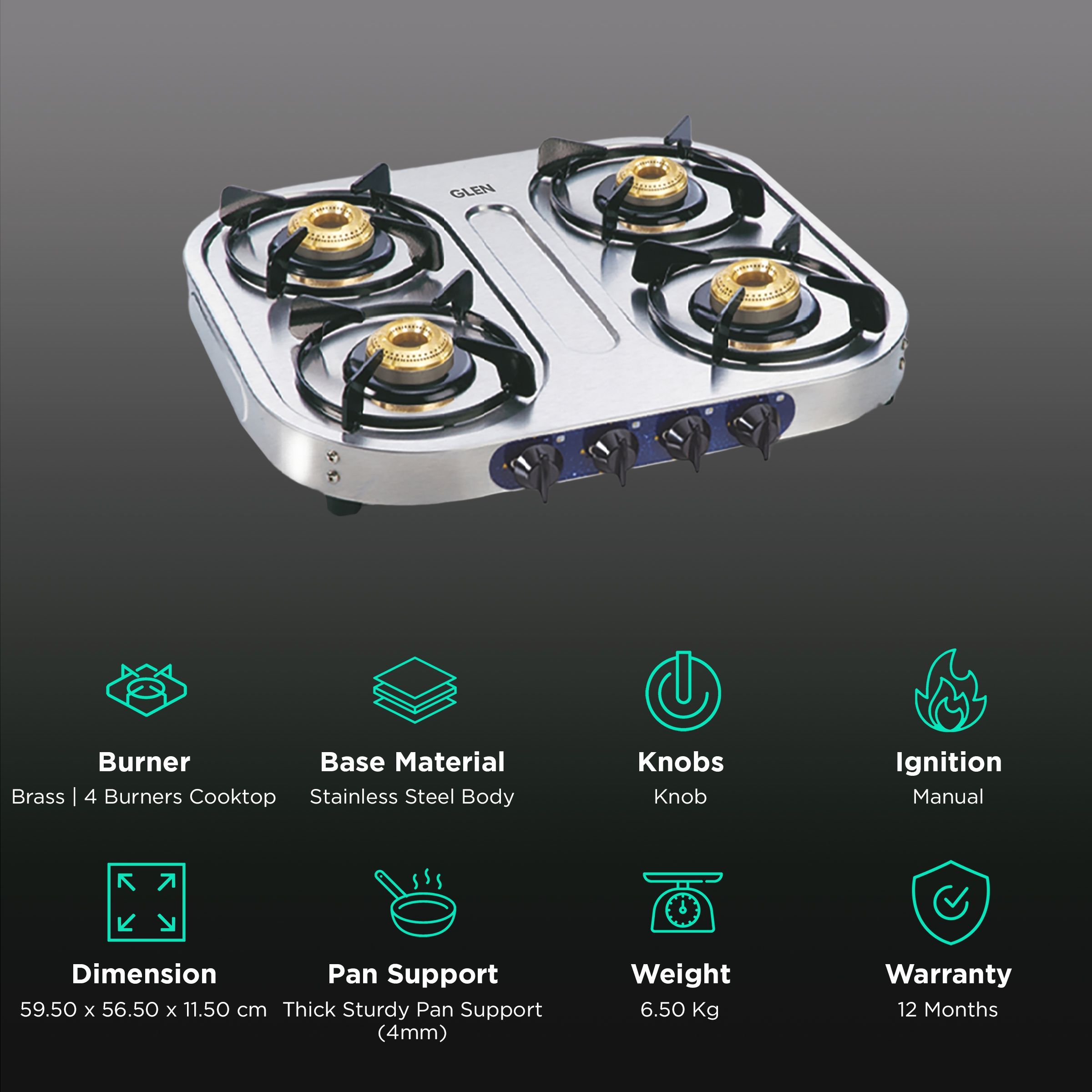 Glen 1044 HF 4 Burner Manual Gas Stove (360 Degree Revolving Nozzle, Silver)_3