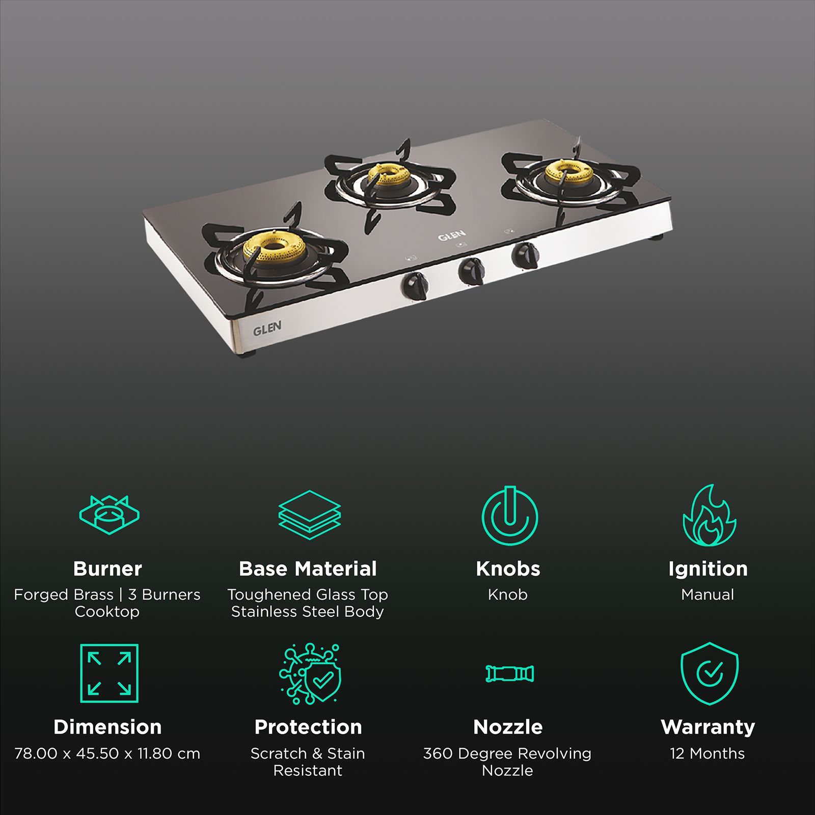 Glen 1038 GT FB Toughened Glass Top 3 Burner Manual Gas Stove (Scratch & Stain Resistant, Silver)_3