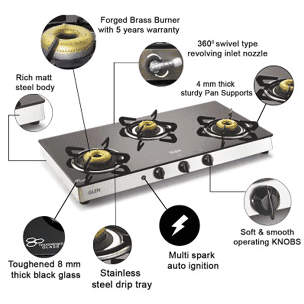 Glen 1038 GT FB AI Toughened Glass Top 3 Burner Automatic Gas Stove (Scratch & Stain Resistant, Silver) Glen 1038 GT FB AI Toughened Glass Top 3 Burner Automatic Gas Stove (Scratch & Stain Resistant, Silver)_12