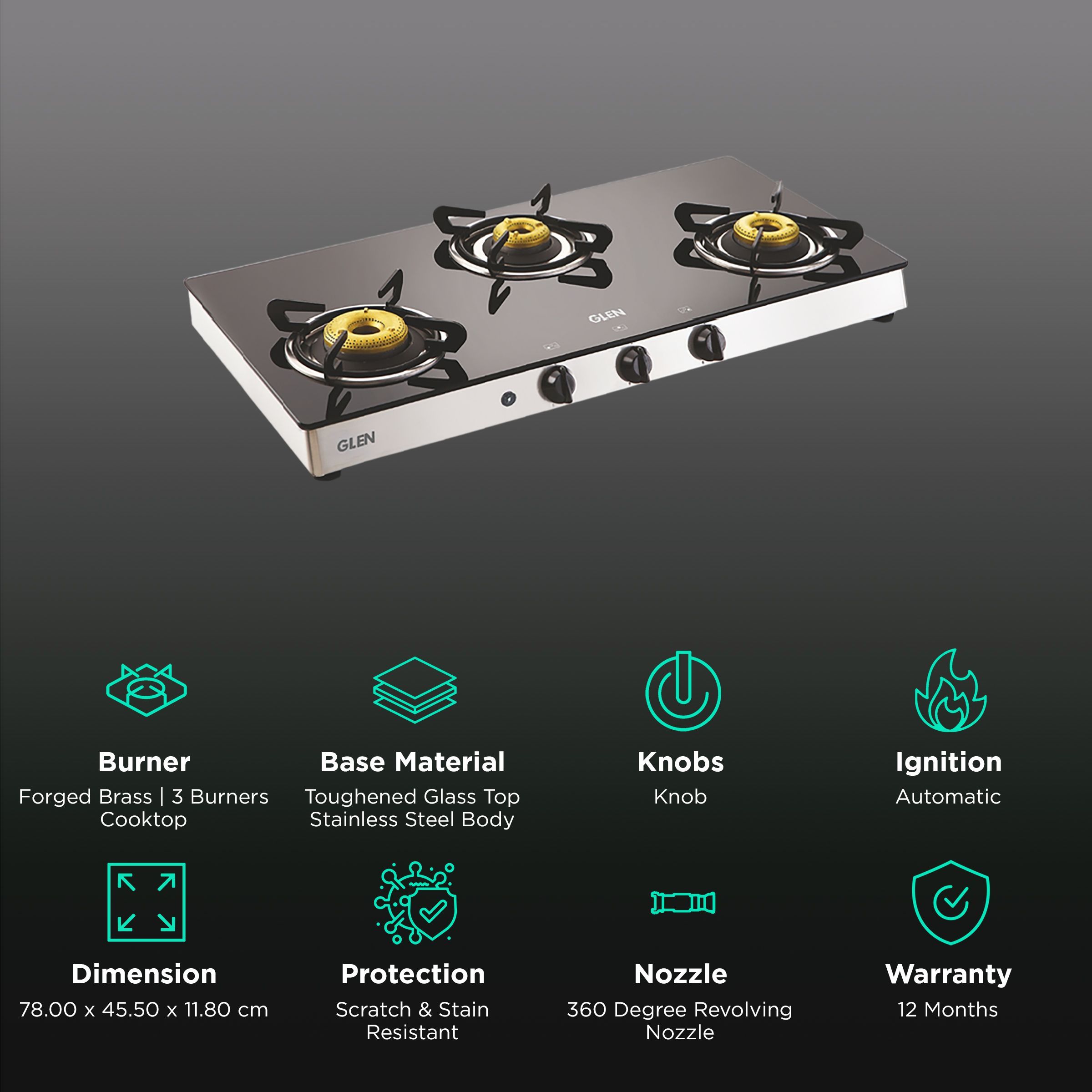 Glen 1038 GT FB AI Toughened Glass Top 3 Burner Automatic Gas Stove (Scratch & Stain Resistant, Silver) Glen 1038 GT FB AI Toughened Glass Top 3 Burner Automatic Gas Stove (Scratch & Stain Resistant, Silver)_3