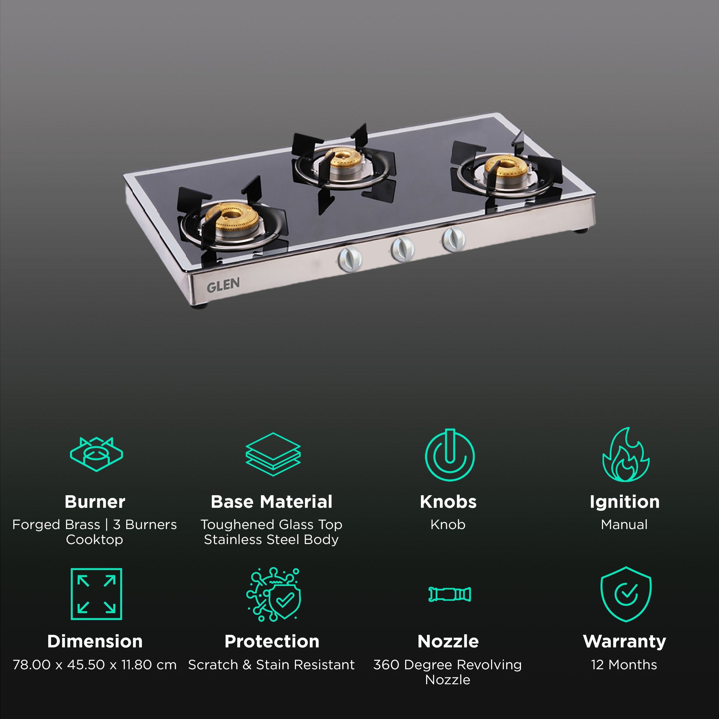 Glen 1038 GT FBM Toughened Glass Top 3 Burner Manual Gas Stove (Scratch & Stain Resistant, Black/White)_3