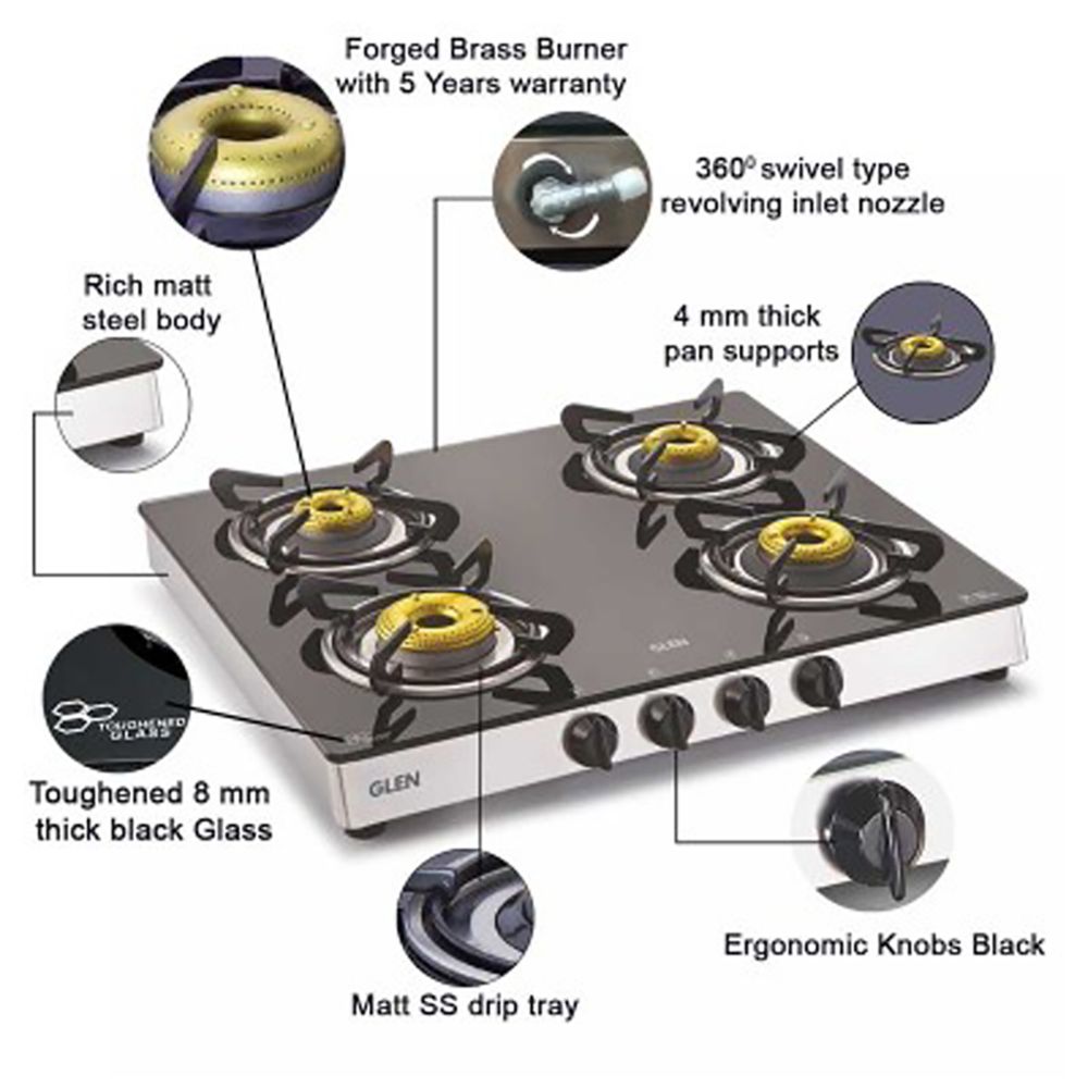 Glen 1042 GT FB Toughened Glass Top 4 Burner Manual Gas Stove (360 Degree Revolving Nozzle, Silver)_11