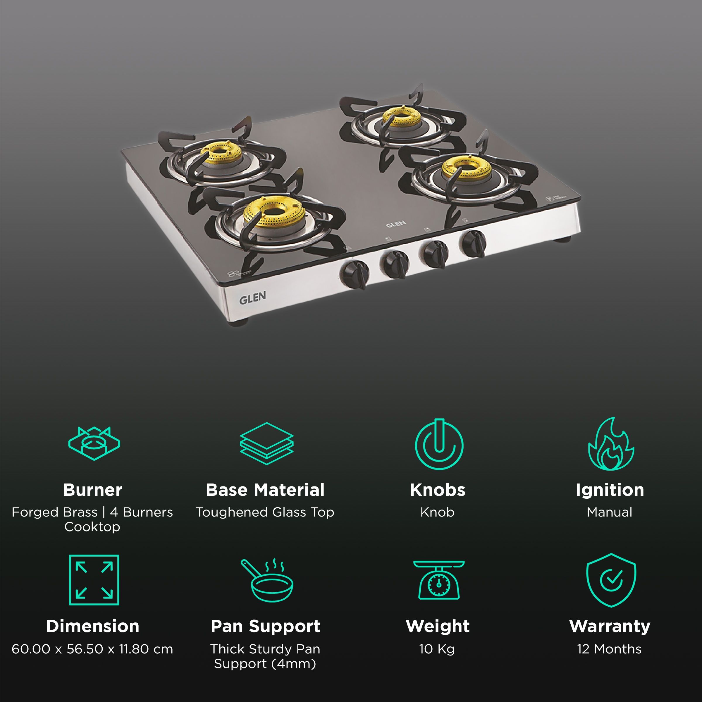 Glen 1042 GT FB Toughened Glass Top 4 Burner Manual Gas Stove (360 Degree Revolving Nozzle, Silver)_3
