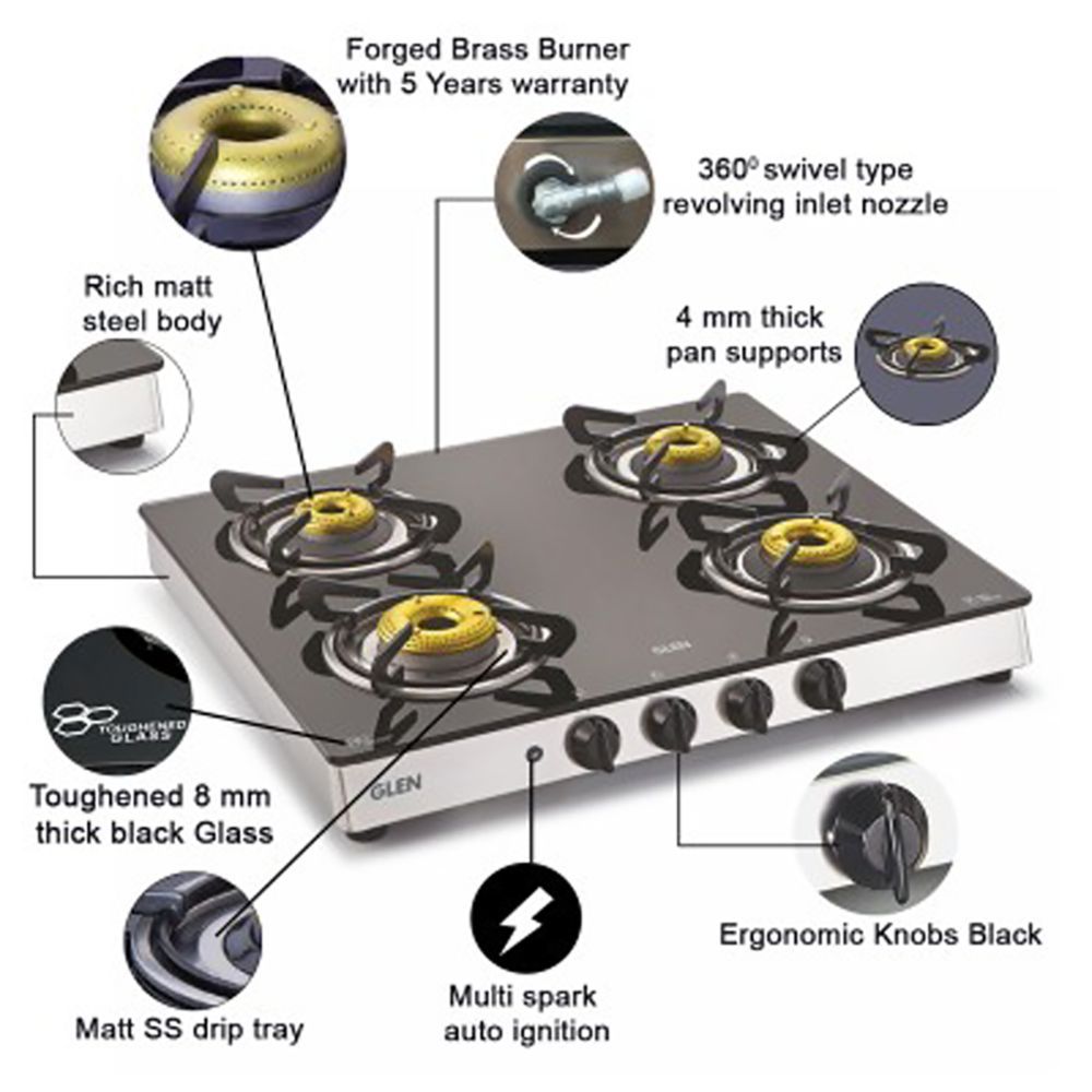 Glen 1042 GT FB AI Toughened Glass Top 4 Burner Automatic Gas Stove (360 Degree Revolving Nozzle, Silver) Glen 1042 GT FB AI Toughened Glass Top 4 Burner Automatic Gas Stove (360 Degree Revolving Nozzle, Silver)_12