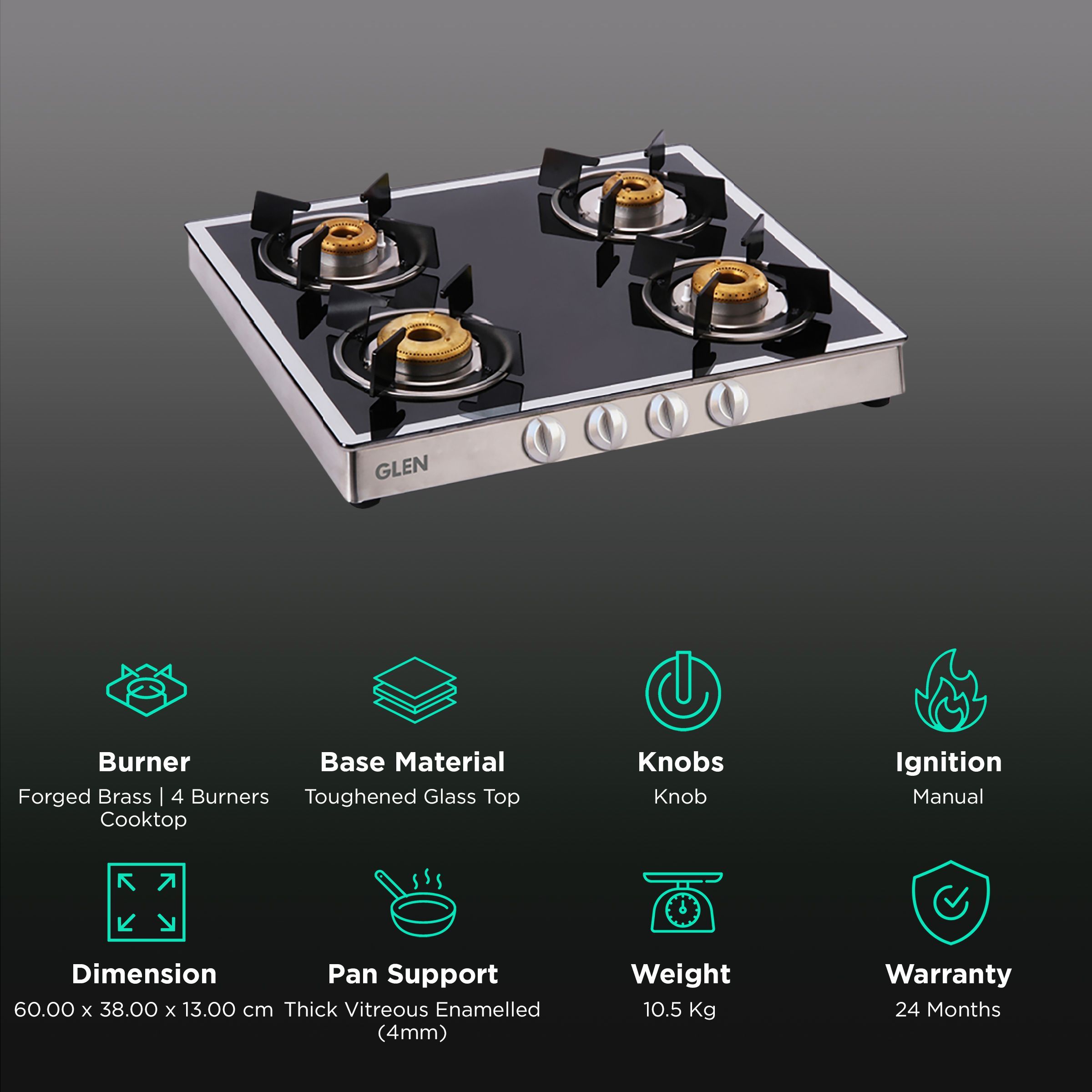 Glen 1042 GT FBM Toughened Glass Top 4 Burner Manual Gas Stove (360 Degree Revolving Nozzle, Silver)_3