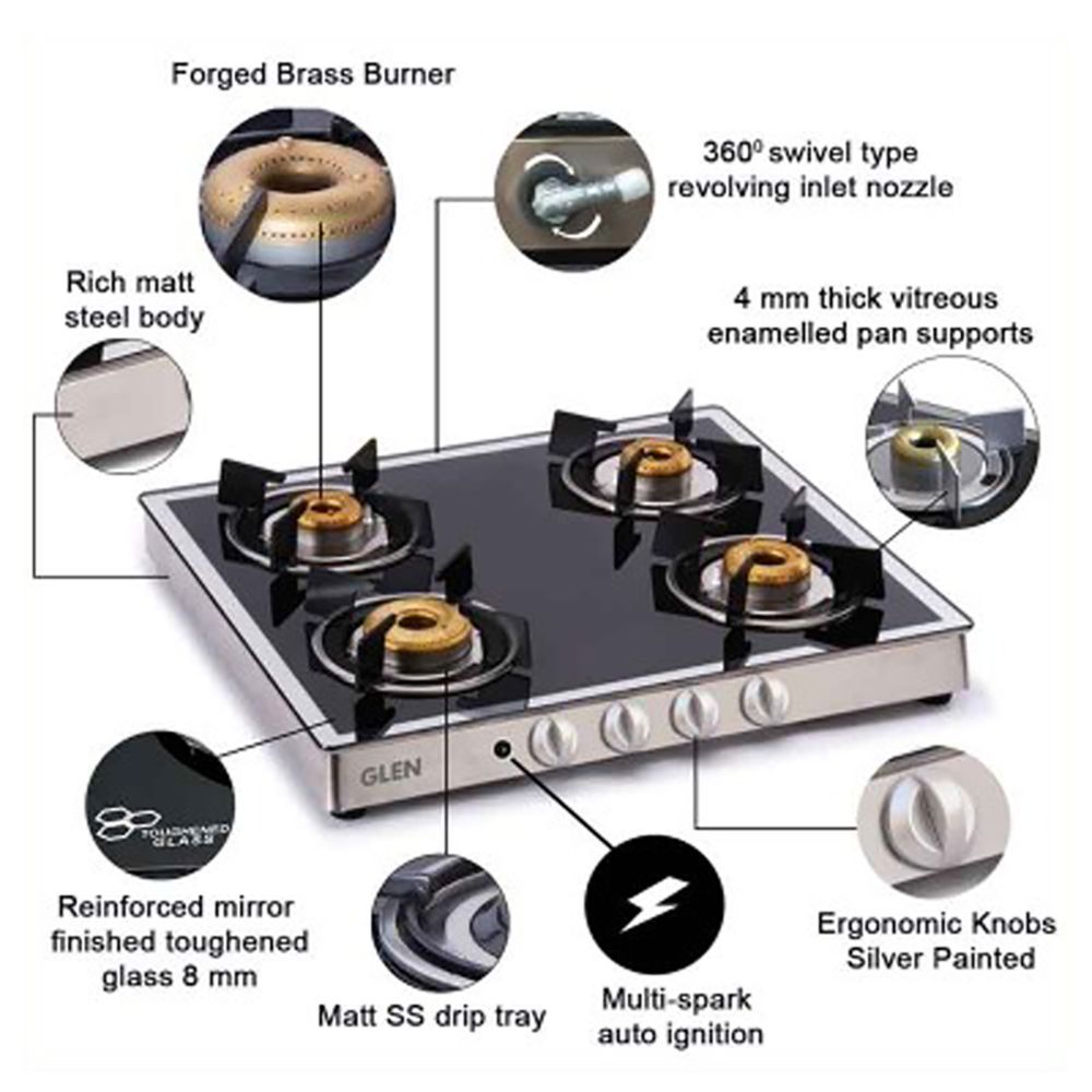 Glen 1042GT FBMAI Toughened Glass Top 4 Burner Automatic Electric Gas Stove (360 Degree Revolving Nozzle, Silver)_10