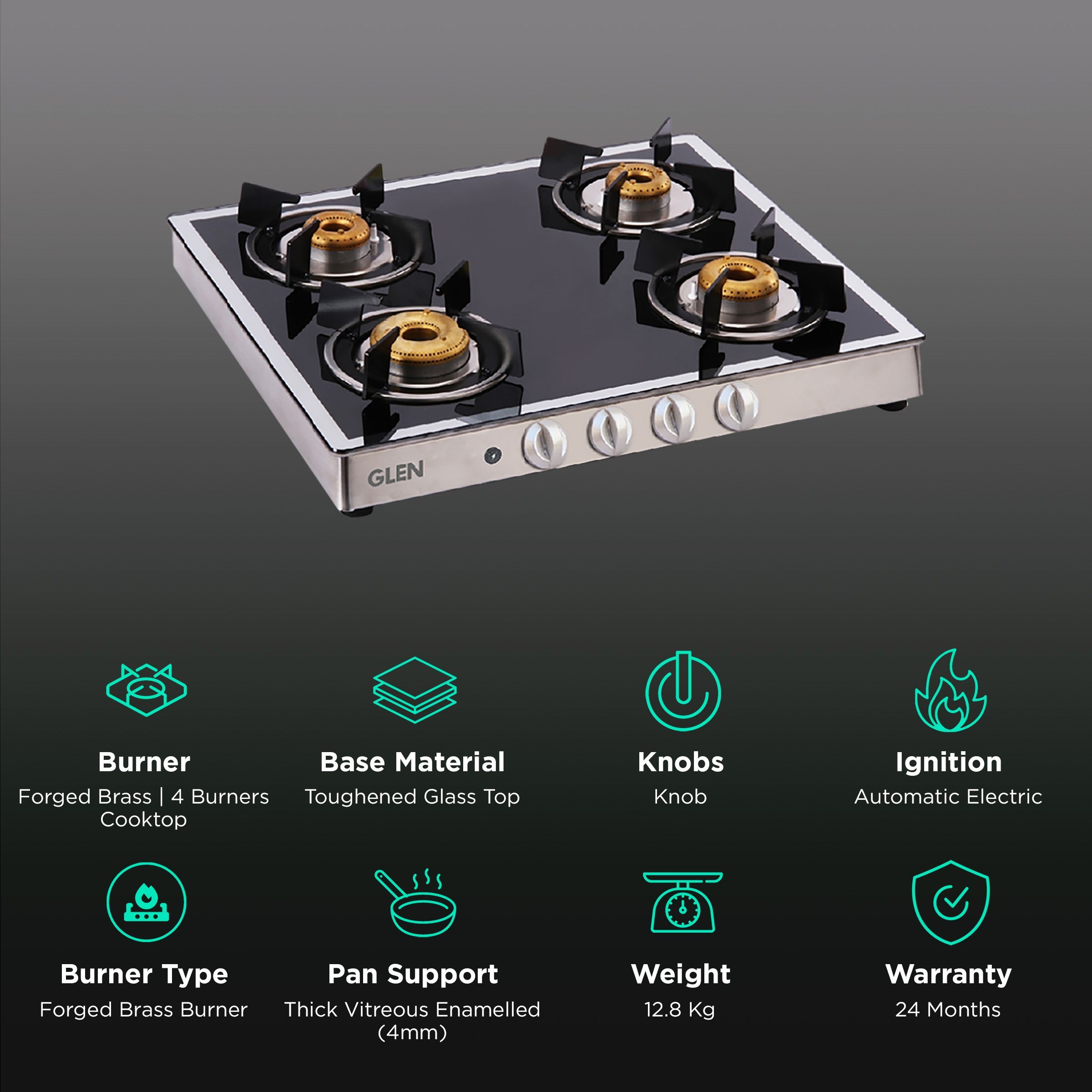 Glen 1042GT FBMAI Toughened Glass Top 4 Burner Automatic Electric Gas Stove (360 Degree Revolving Nozzle, Silver)_3
