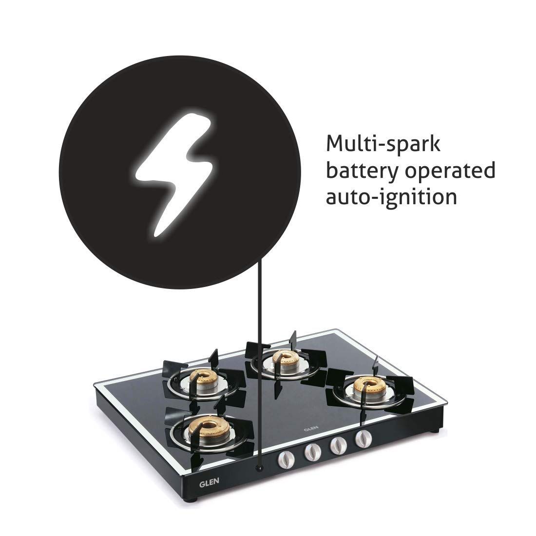 Glen 1048GT FBMAI Toughened Glass Top 4 Burner Automatic Gas Stove (360 Degree Revolving Nozzle, Black/Silver)_4