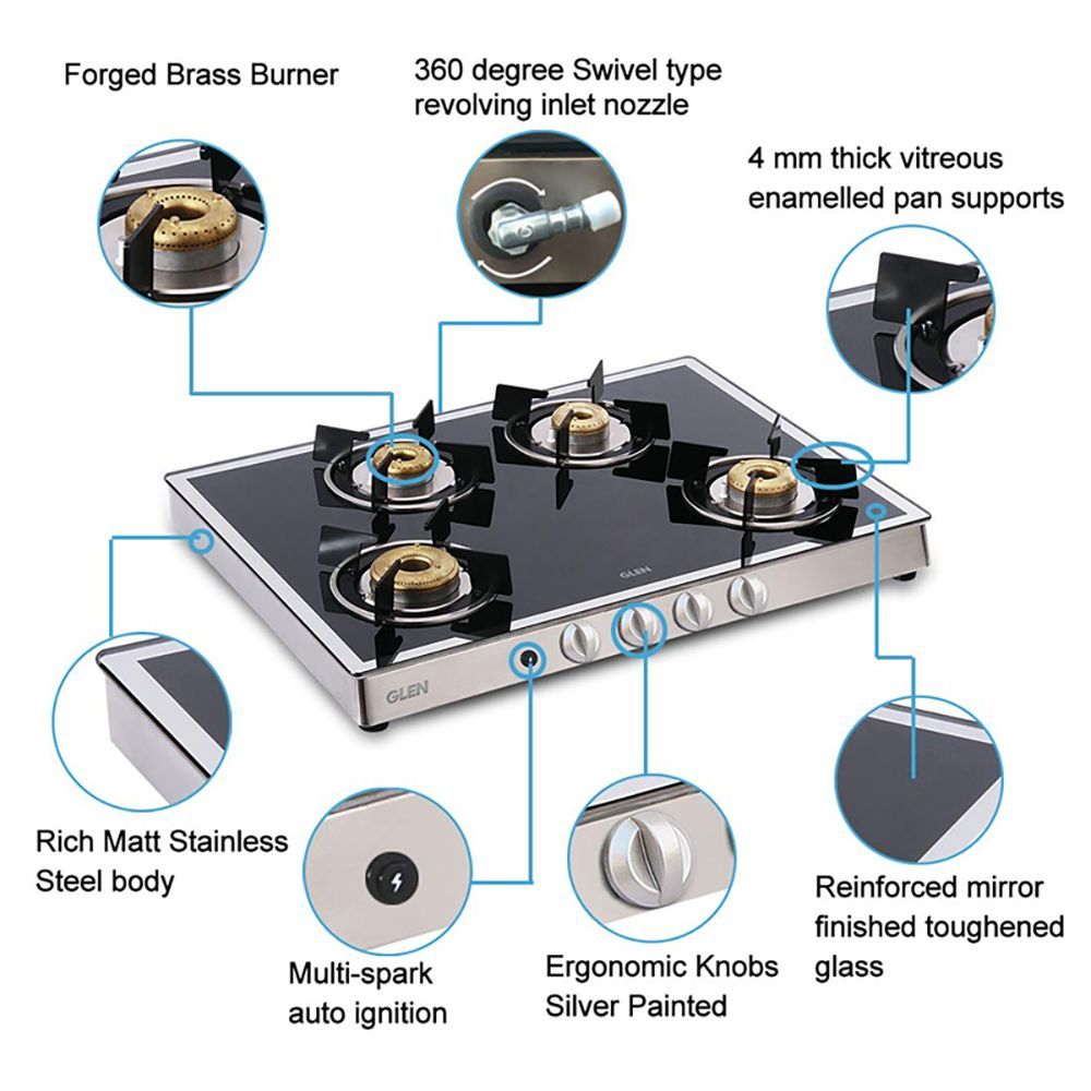Glen 1048GT FBMAI Toughened Glass Top 4 Burner Automatic Gas Stove (360 Degree Revolving Nozzle, Black/Silver)_11