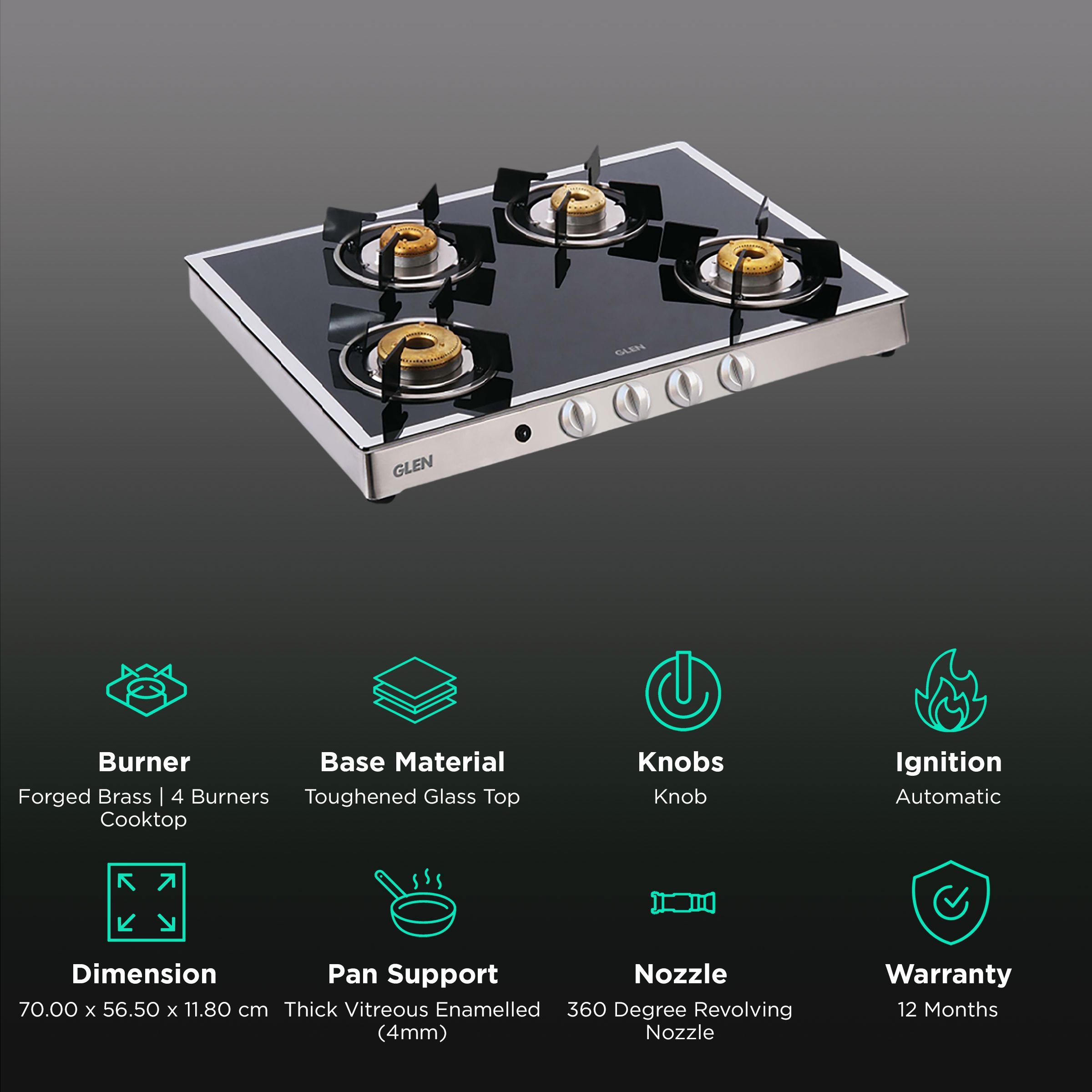 Glen 1048GT FBMAI Toughened Glass Top 4 Burner Automatic Gas Stove (360 Degree Revolving Nozzle, Black/Silver)_3