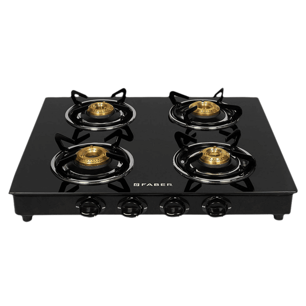 FABER Grand Toughened Glass Top 4 Burner Manual Gas Stove (Powder Coating Round Pan Support, Black)_1