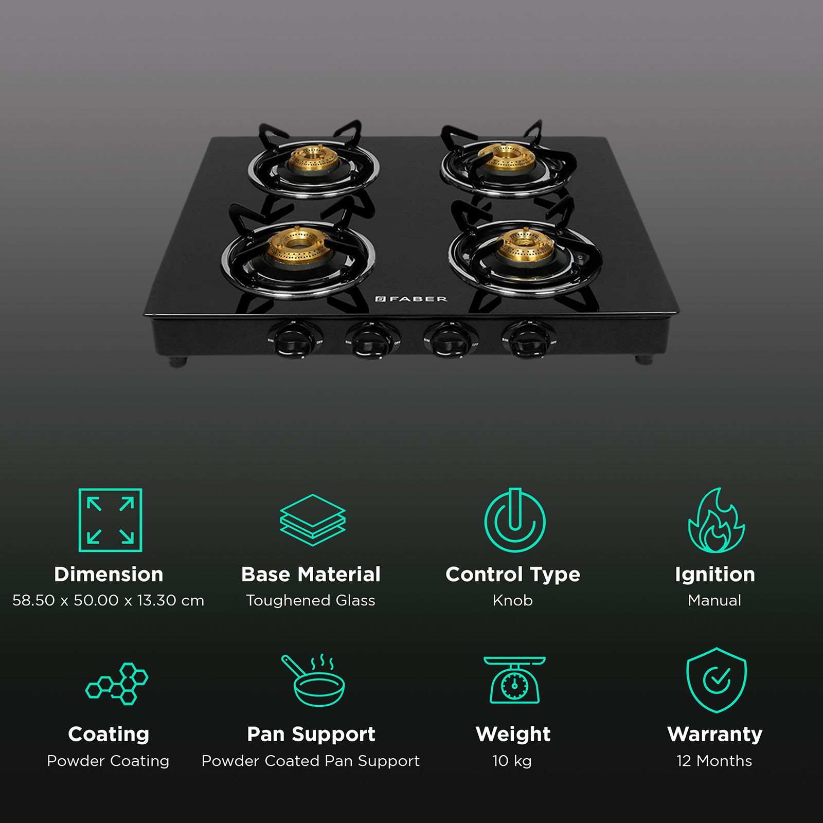 FABER Grand Toughened Glass Top 4 Burner Manual Gas Stove (Powder Coating Round Pan Support, Black)_3