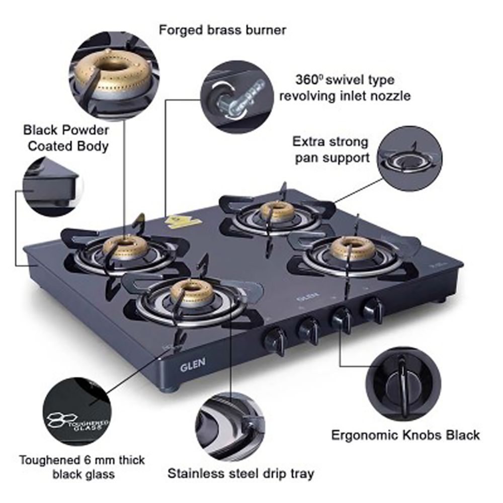 Glen 1041 GT FB BL Toughened Glass Top 4 Burner Manual Gas Stove (Scratch & Stain Resistant, Black)_7