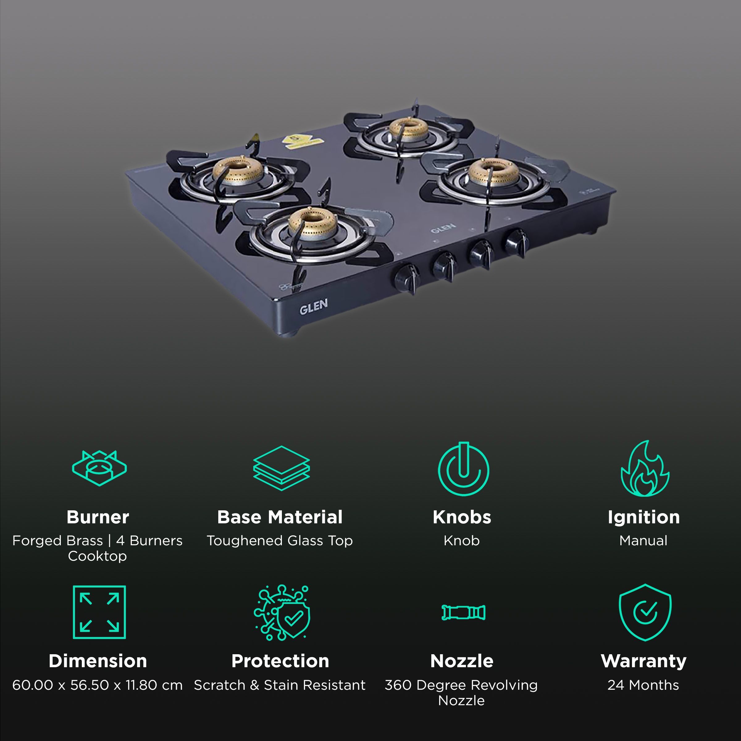 Glen 1041 GT FB BL Toughened Glass Top 4 Burner Manual Gas Stove (Scratch & Stain Resistant, Black)_3