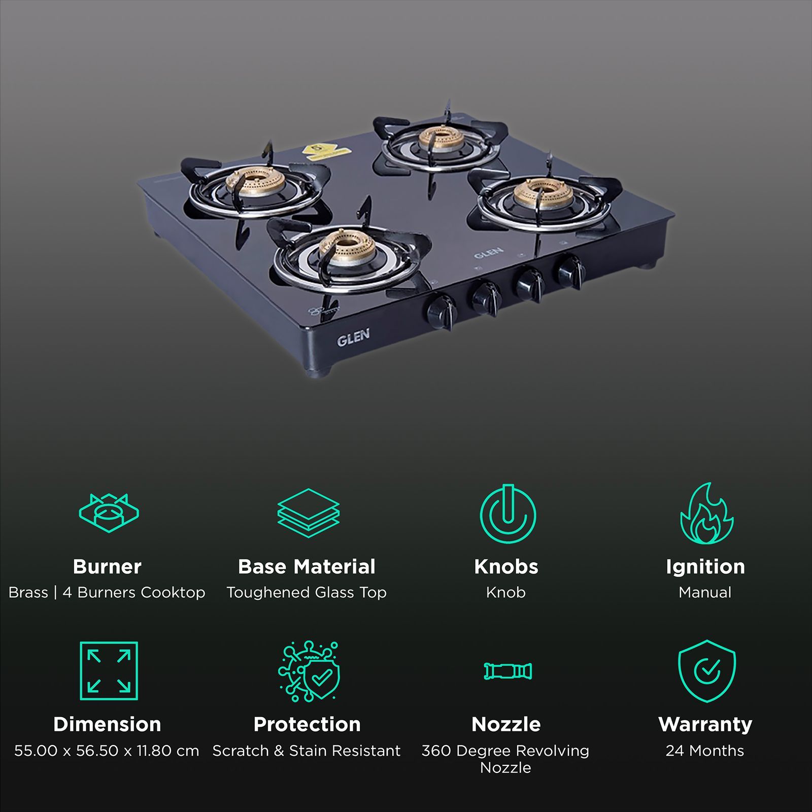 Glen 1043 GT BB BL Toughened Glass Top 4 Burner Manual Gas Stove (Scratch & Stain Resistant, Black) Glen 1043 GT BB BL Toughened Glass Top 4 Burner Manual Gas Stove (Scratch & Stain Resistant, Black)_3