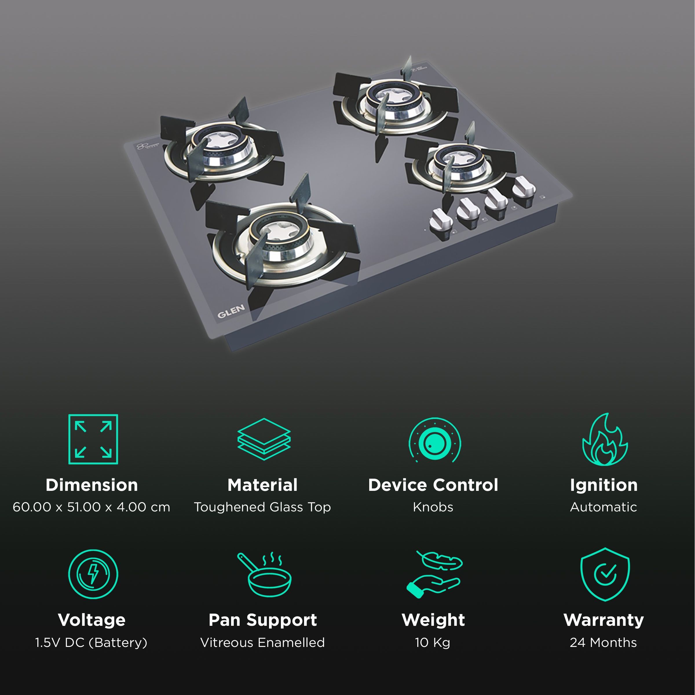 Glen 1064 RO HT DB Toughened Glass Top 4 Burner Automatic Hob (Vitreous Enamelled Pan Support, Black)_3
