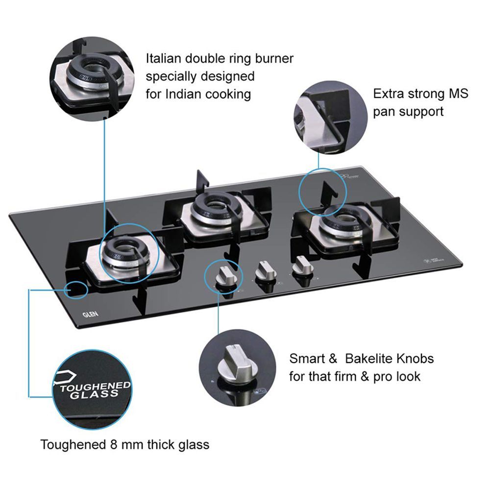 Glen 1073 SQ DB Toughened Glass Top 3 Burner Automatic Electric Hob (Scratch & Stain Resistant, Black)_12