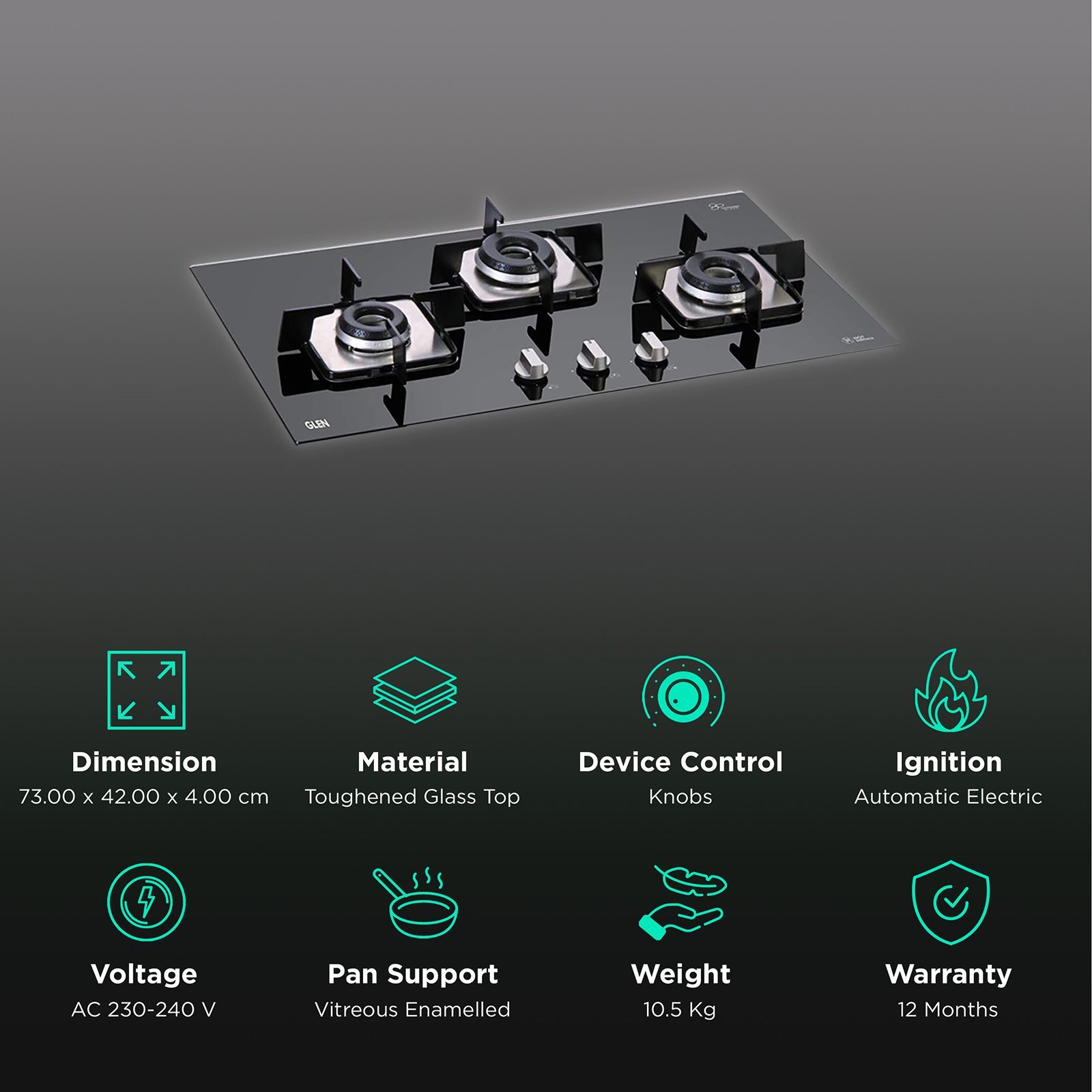 Glen 1073 SQ DB Toughened Glass Top 3 Burner Automatic Electric Hob (Scratch & Stain Resistant, Black)_3
