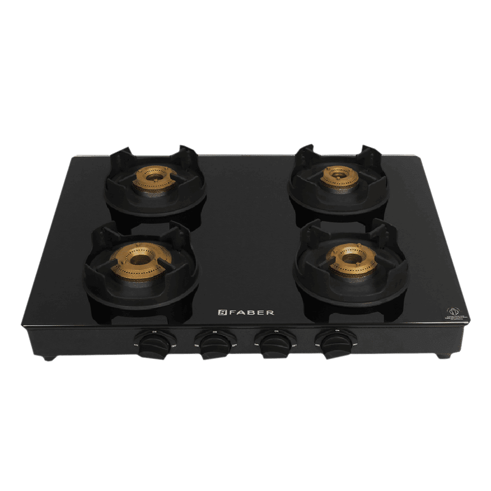 Faber Onyx 4BB BK CI Toughened Glass Top 4 Burner Manual Gas Stove (Diamond Coated Pan Support, Black)_1
