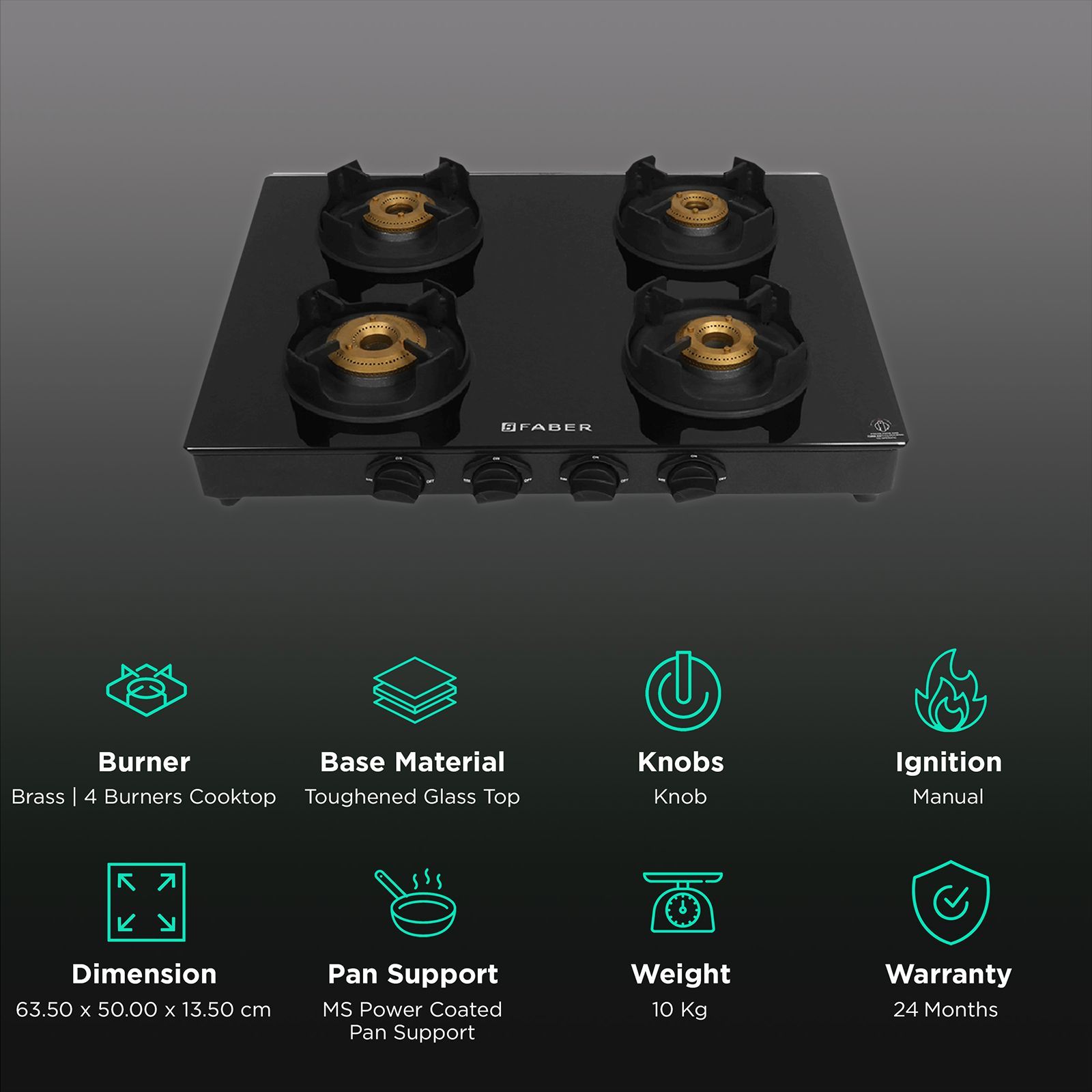 Faber Onyx 4BB BK CI Toughened Glass Top 4 Burner Manual Gas Stove (Diamond Coated Pan Support, Black)_3