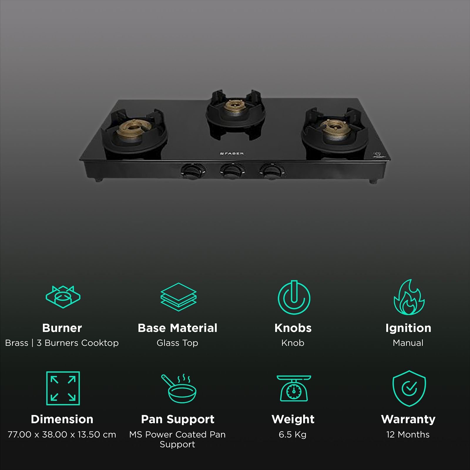 Faber Onyx 3BB BK CI Glass Top 3 Burner Manual Gas Stove (Scratch Resistance, Black)_3