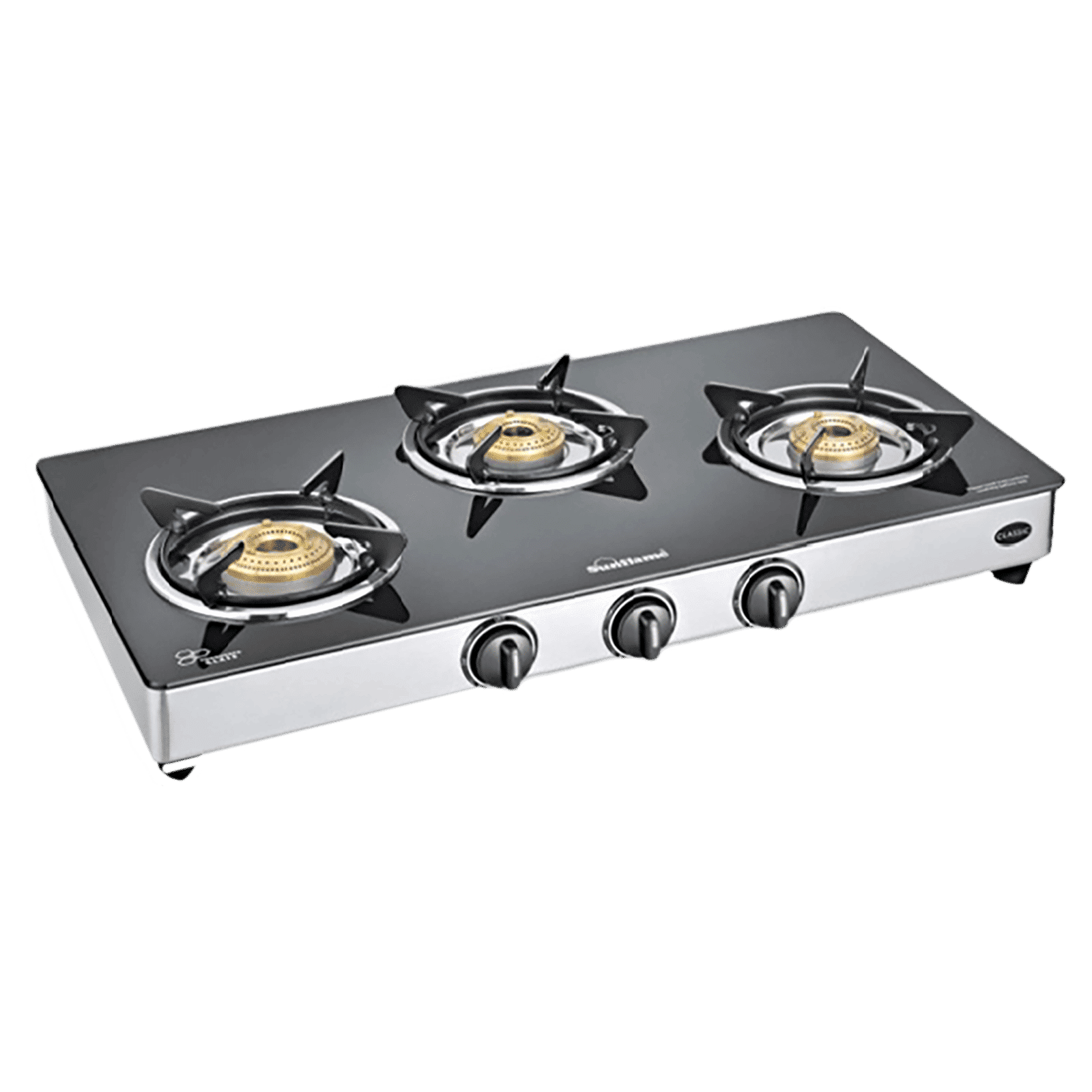 Sunflame CLASSIC 3B SS Toughened Glass Top 3 Burner Manual Gas Stove (Stainless Steel Drip Tray, Black)_1